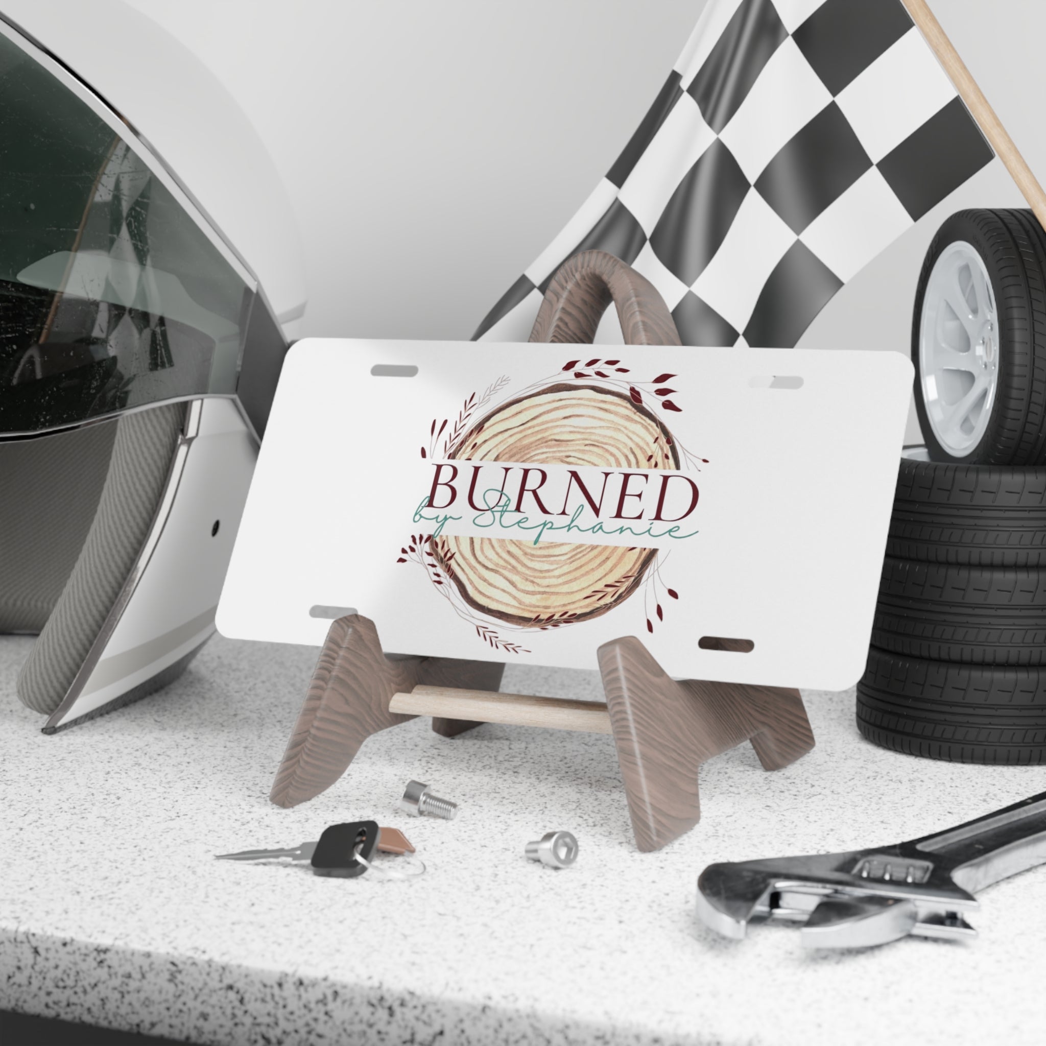 Burned by Stephanie Wood Slice Vanity Plate — Custom Rustic License Plate