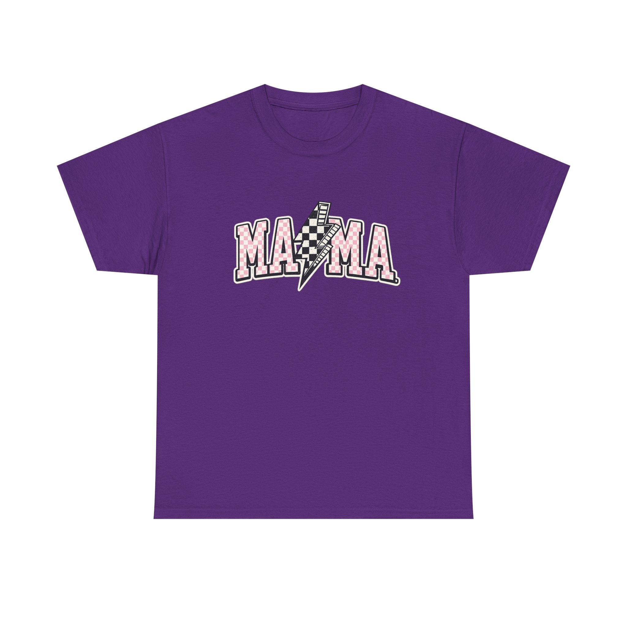 Mama Lightning Bolt Graphic Tee — Pink Checkered "MAMA" Shirt