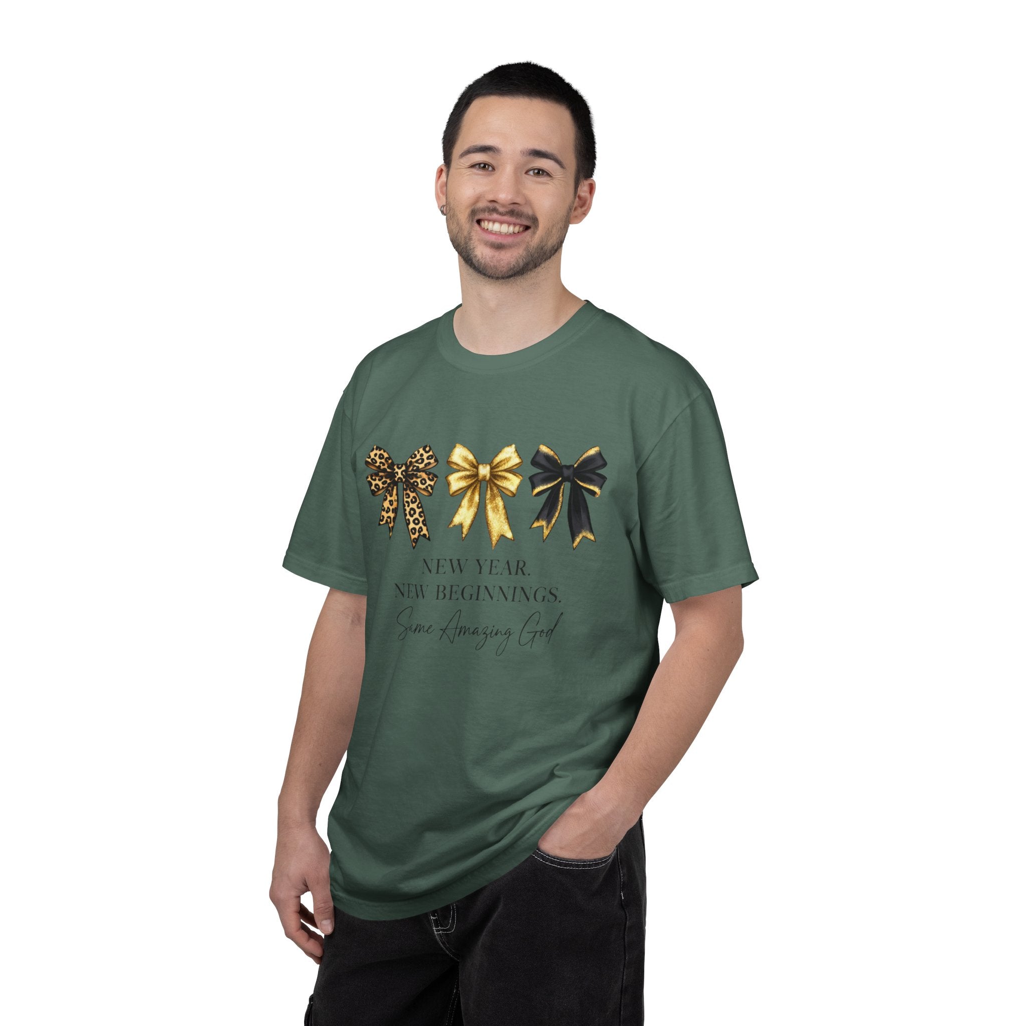 T-Shirt — "New Year, New Beginnings" Gold & Black Bow Graphic Tee