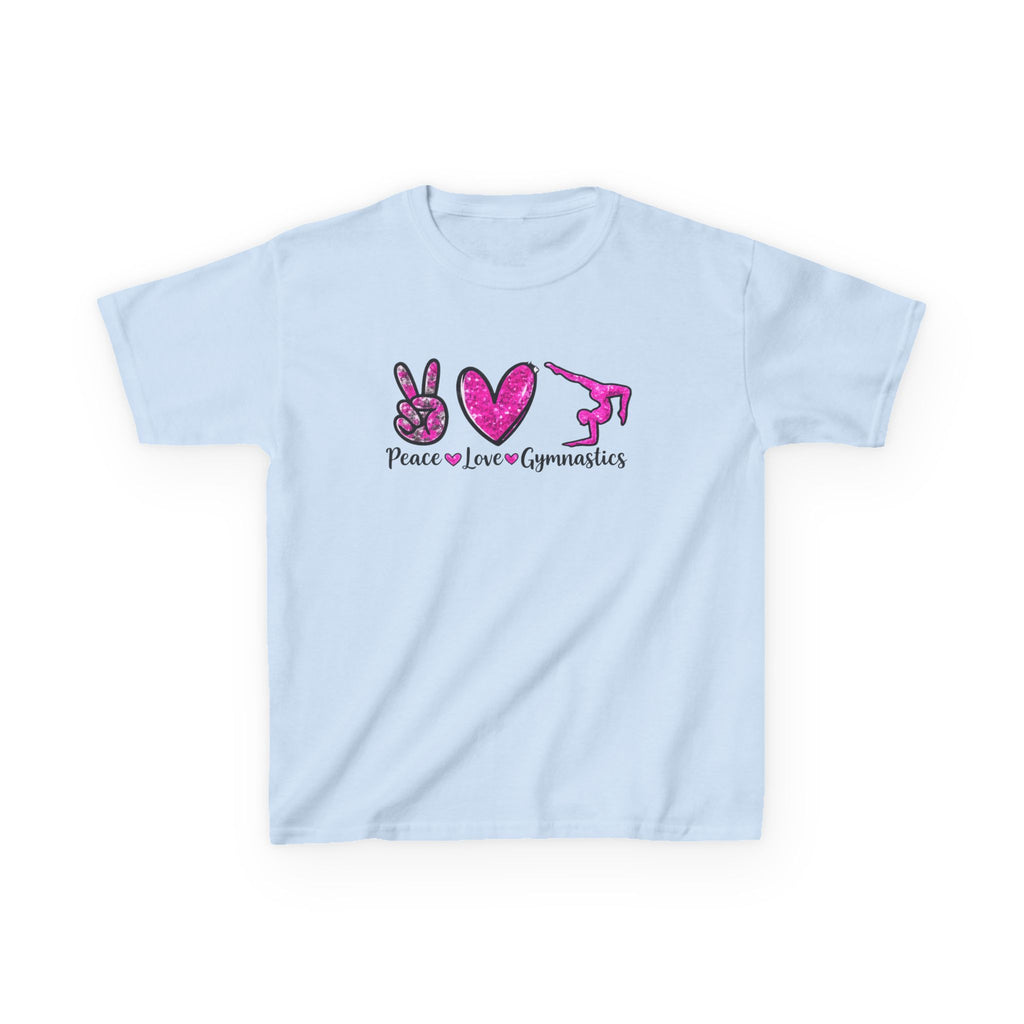 Kids Tee — "Peace Love Gymnastics" Pink Glitter Graphic