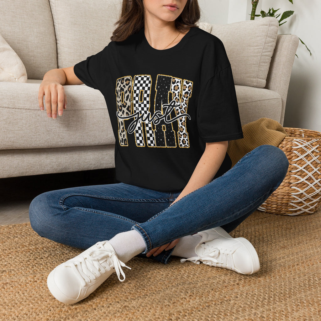 T-Shirt — "Just Day" Leopard & Checker Graphic Tee