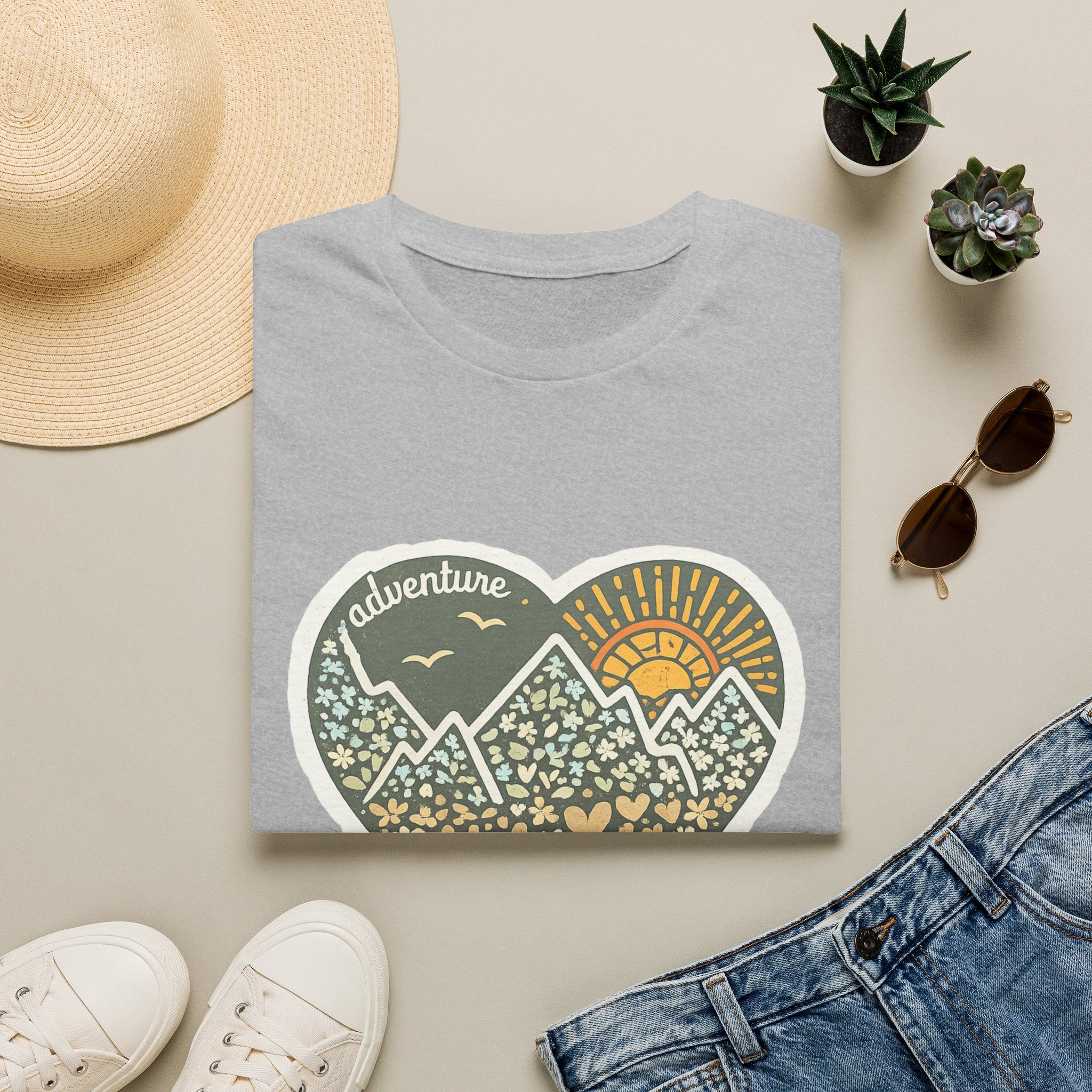 Adventure Heart Mountain T‑Shirt — Sunrise Nature Graphic Tee for Hikers & Outdoor Lovers