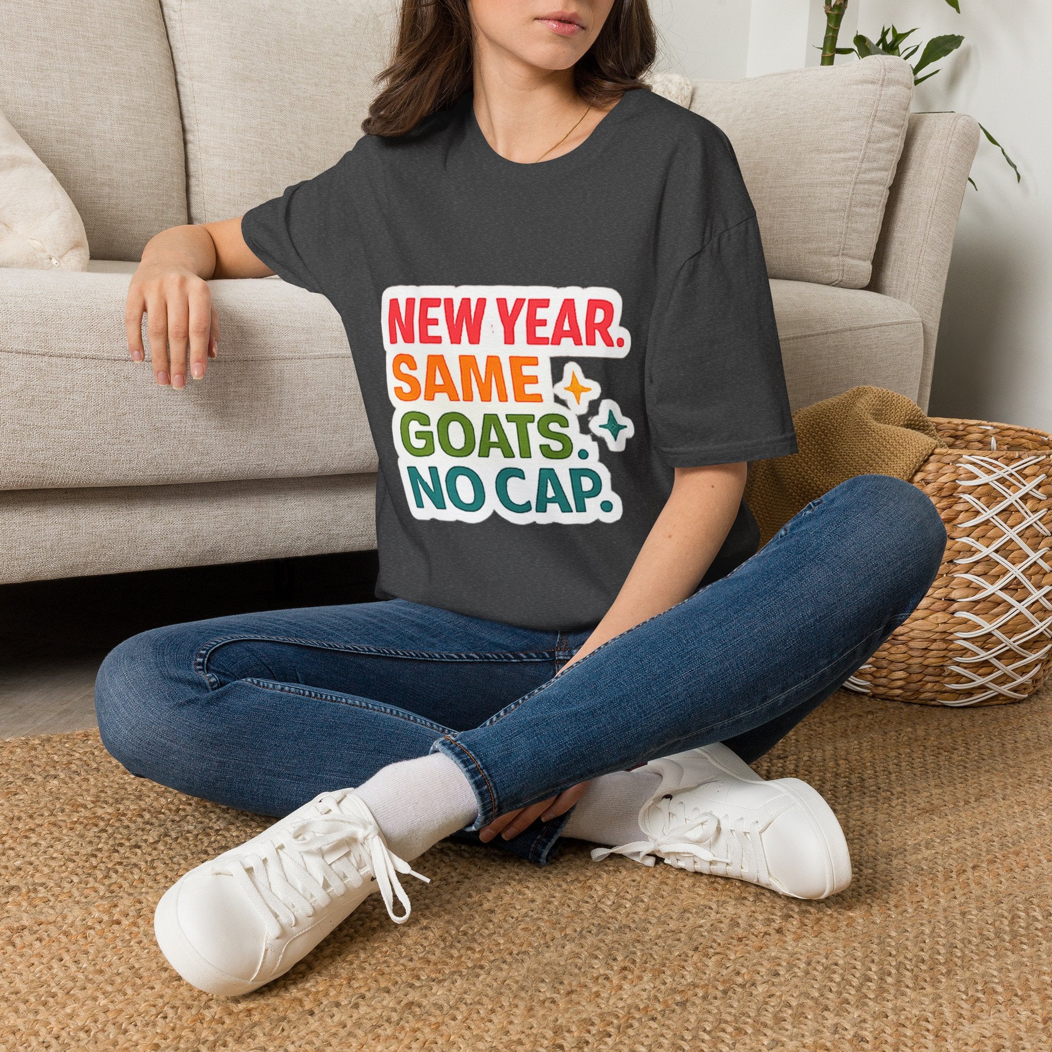 T‑Shirt — "New Year. Same Goats. No Cap." Colorful Graphic Tee for Goat Lovers & Funny New Year Celebrations