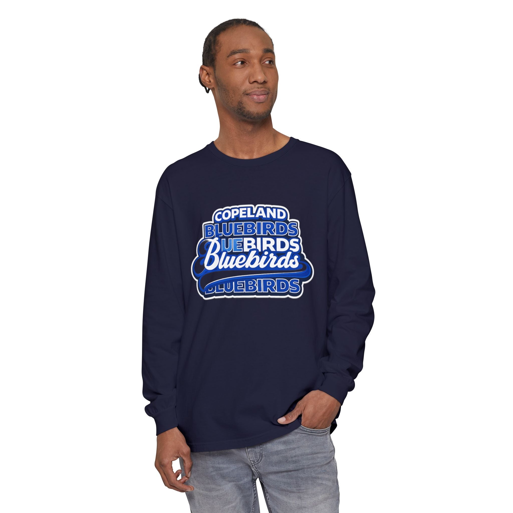Bluebirds Crew Long Sleeve T‑Shirt — Retro Layered School Spirit Design