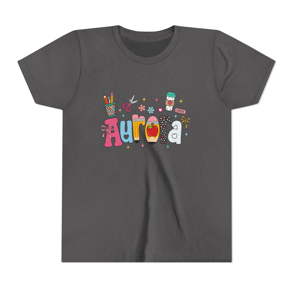 Aurora Kids' Name Tee — Colorful School Supplies Graphic Youth T-Shirt