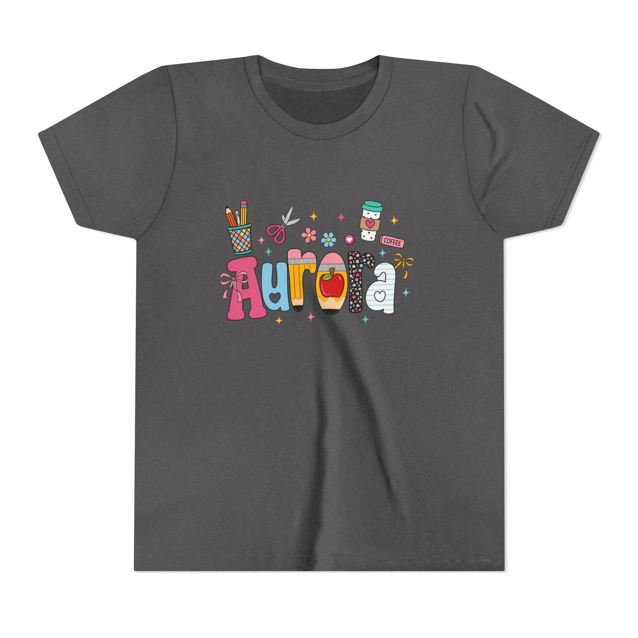 Aurora Kids' Name Tee — Colorful School Supplies Graphic Youth T-Shirt