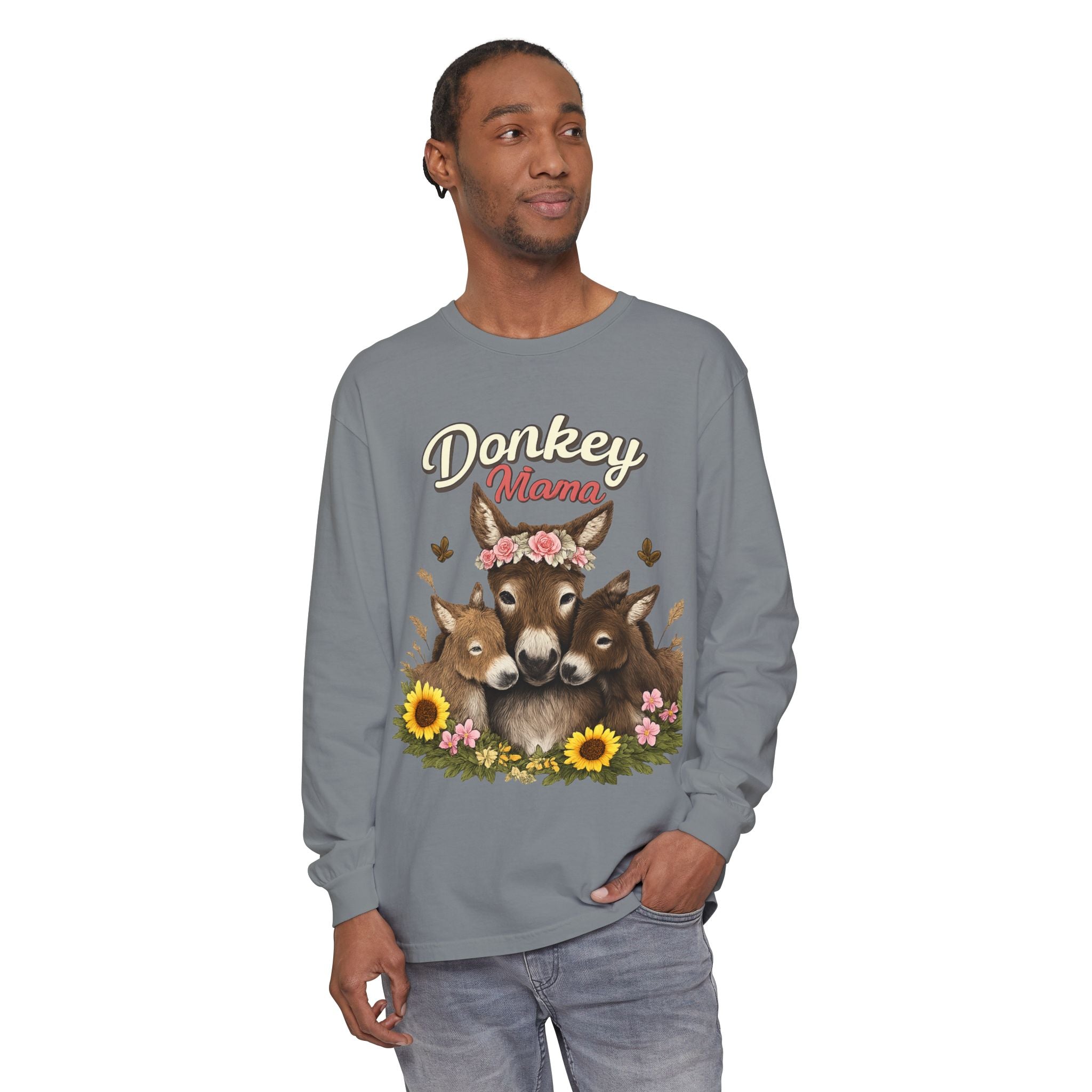 Donkey Mama Long Sleeve Tee — Floral Donkey Mom Shirt for Animal Lovers