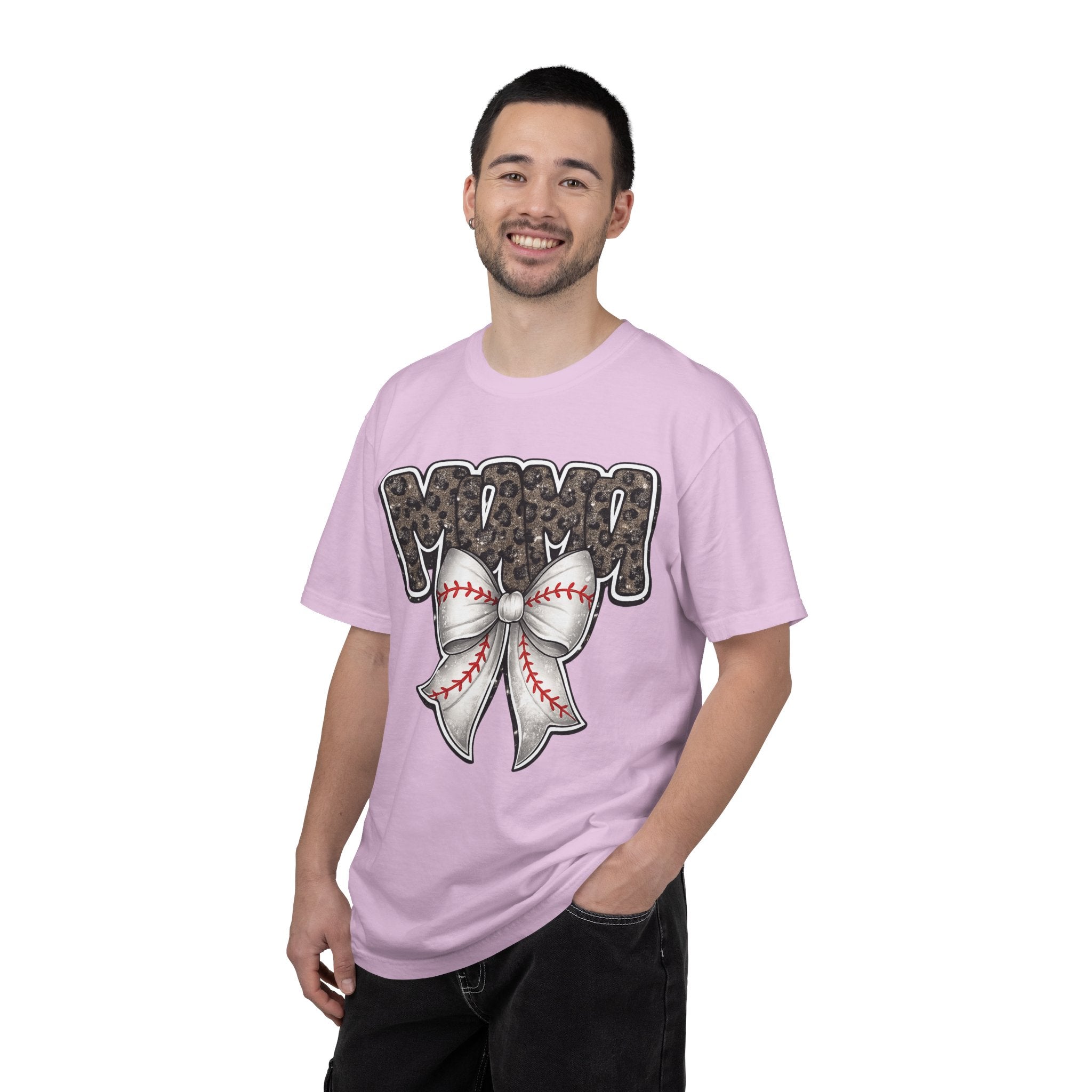Baseball Mom T-Shirt — Camo Lettering with Baseball Bow