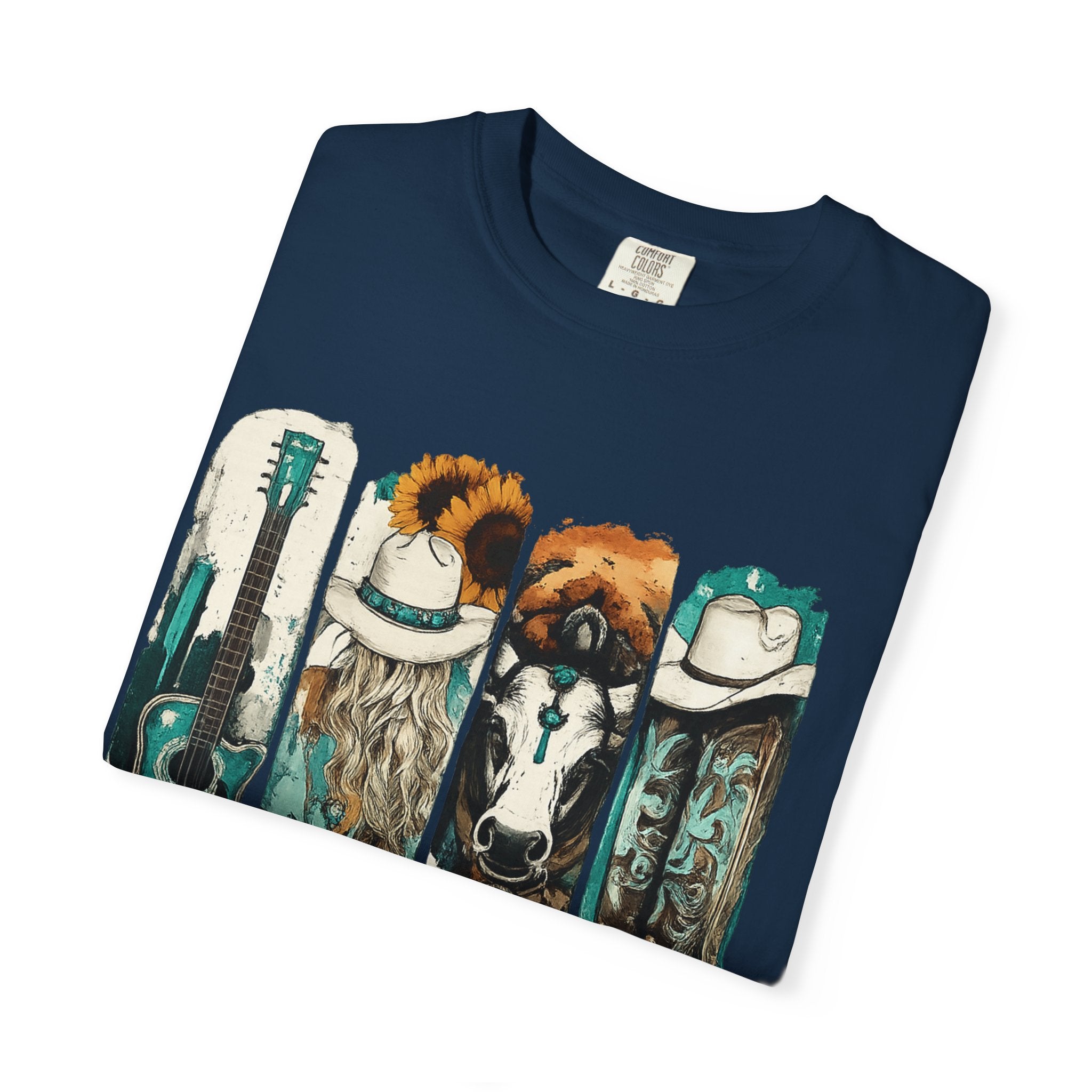 Western Music Icons T-Shirt — Rustic Guitar, Boots & Hat Graphic Tee