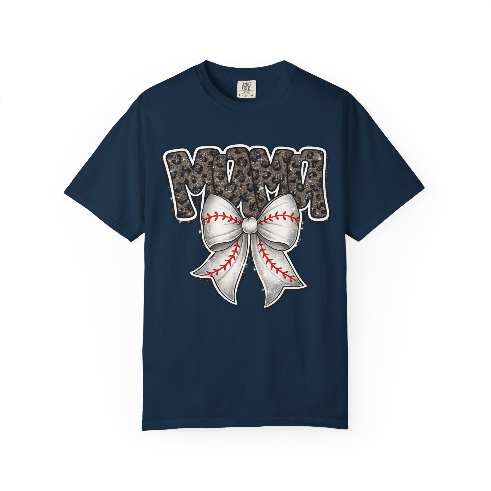 Baseball Mom T-Shirt — Camo Lettering with Baseball Bow
