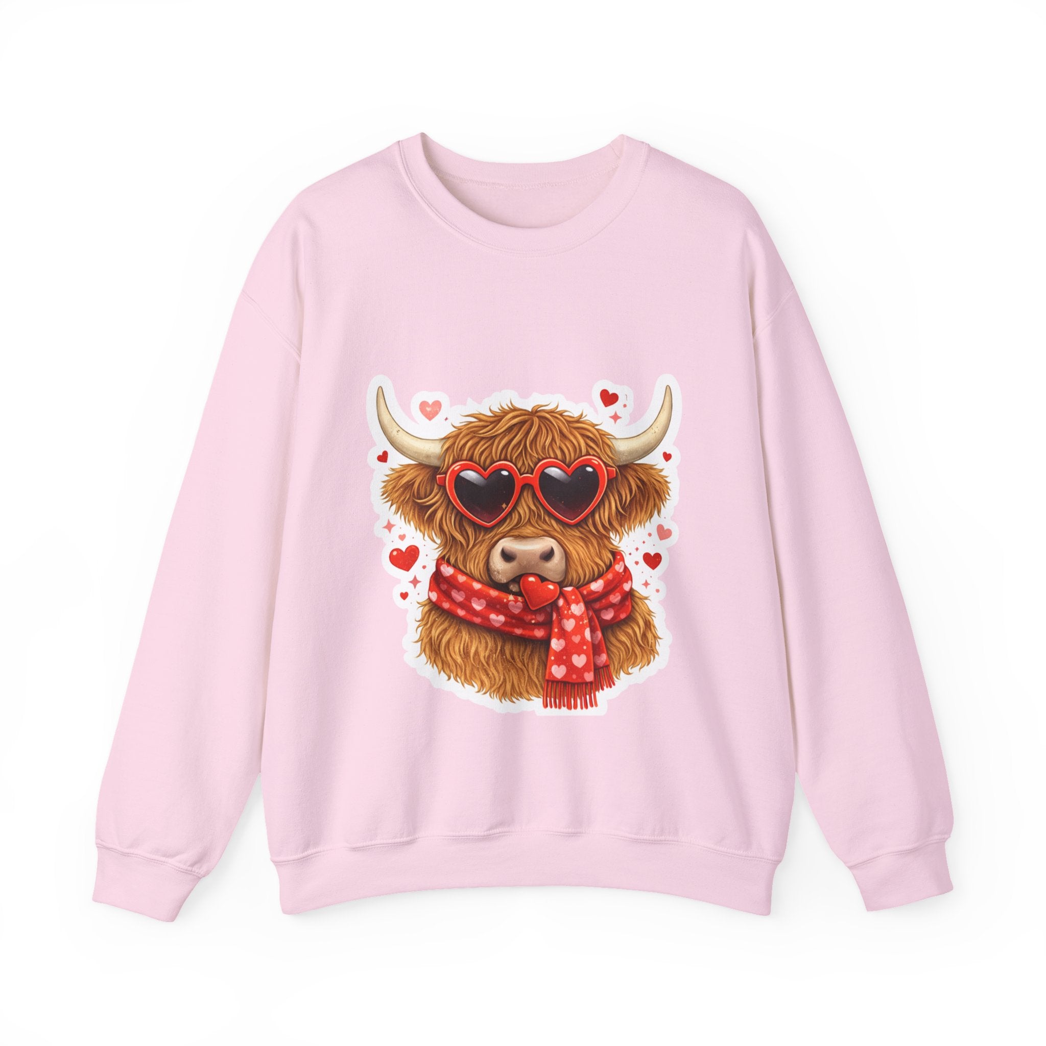 Valentine Highland Cow Sweatshirt – Cute Heart Sunglasses & Scarf Crewneck