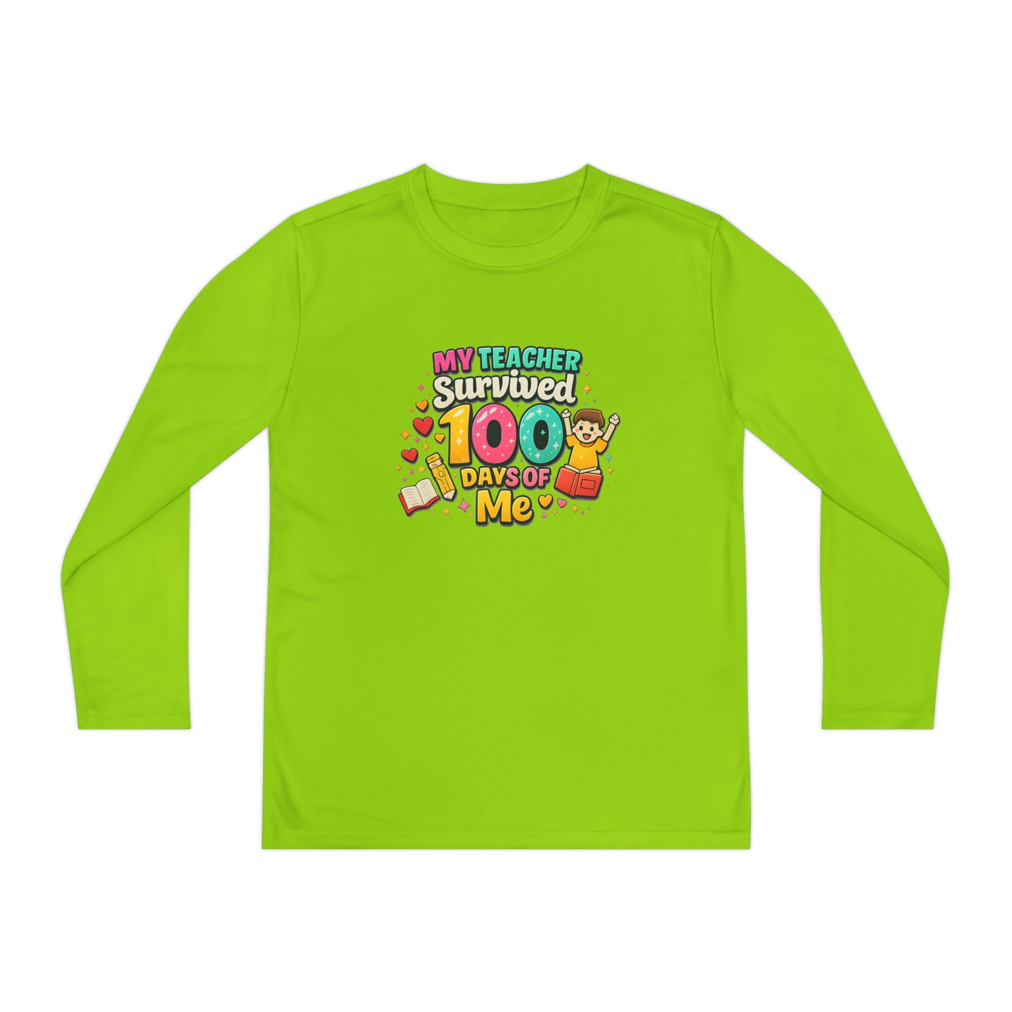 Kids Long Sleeve Tee — “My Teacher Survived 100 Days of Me” Colorful Celebration Shirt