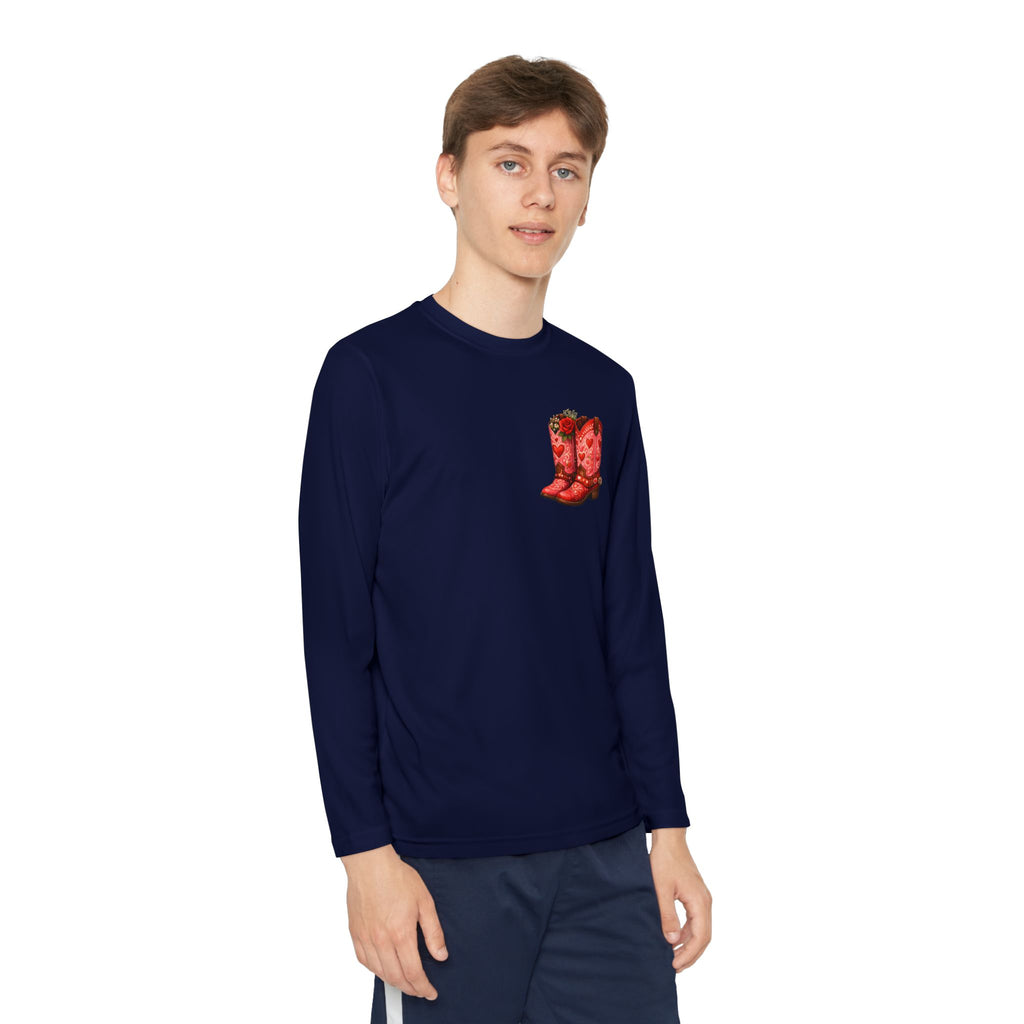 Youth Long Sleeve Tee — “All a Girl Needs is a Right Pair of Boots” Cowboy Boots Graphic