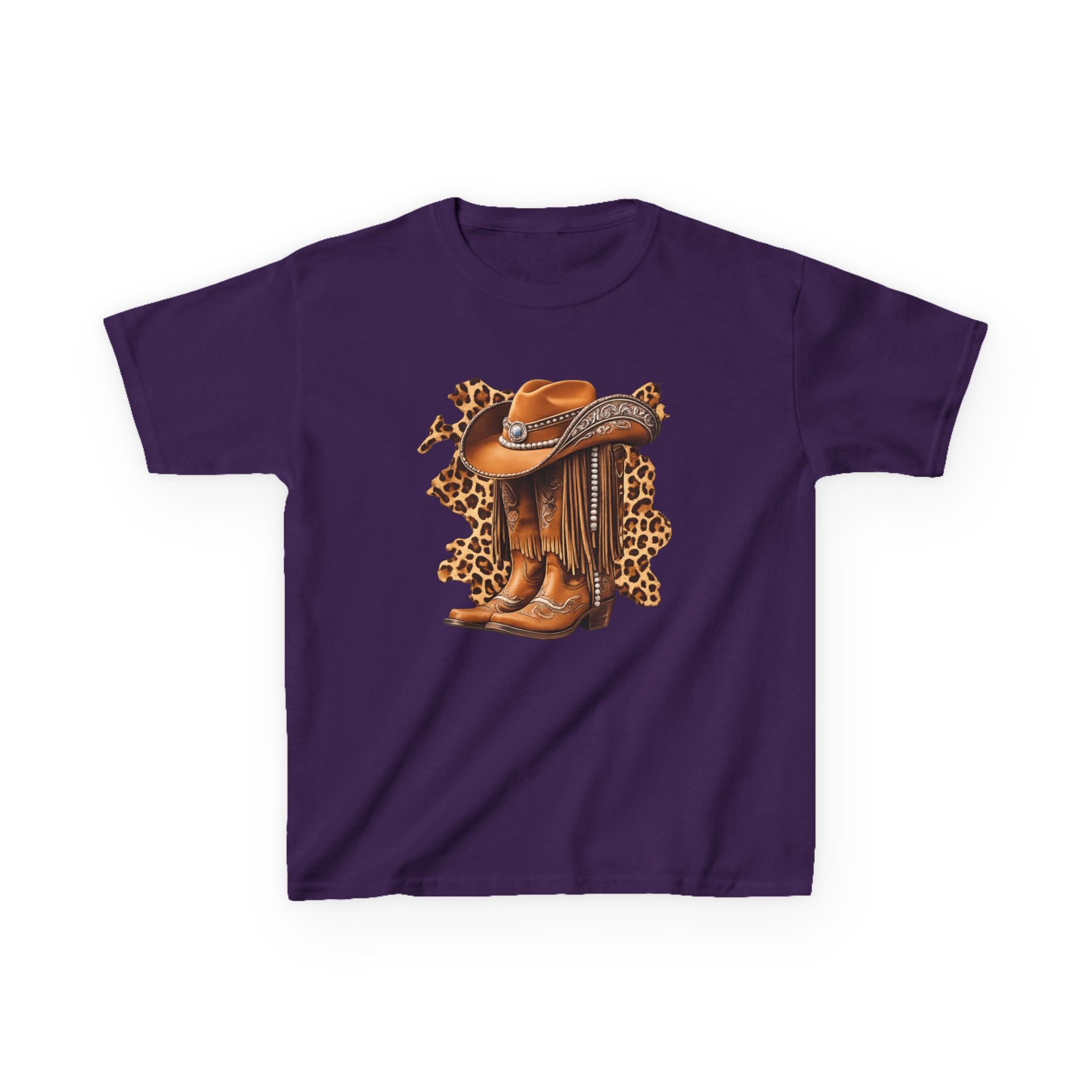 Kids Cowboy Hat & Boots Tee — Leopard Print Western Kids T-Shirt