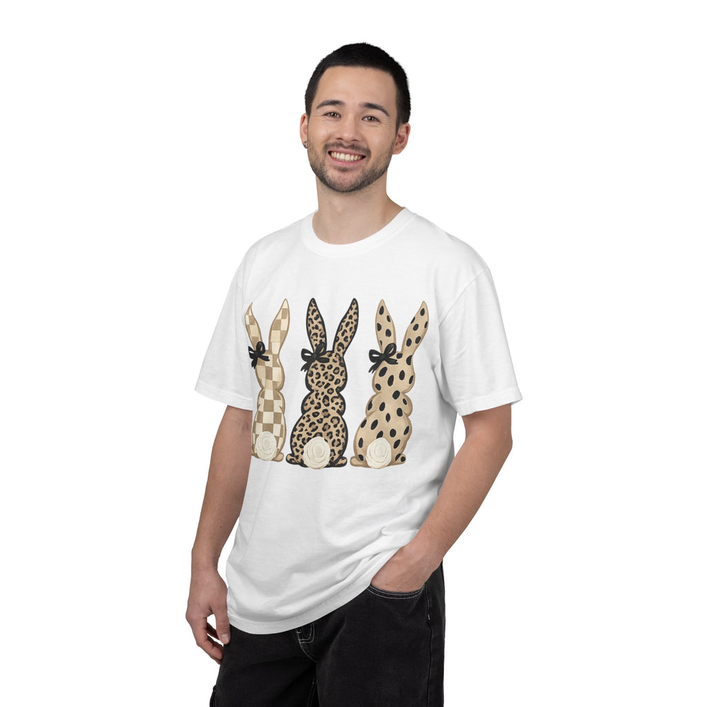 Easter Bunny Trio T-Shirt — Neutral Plaid, Leopard & Polka Dot Bunnies