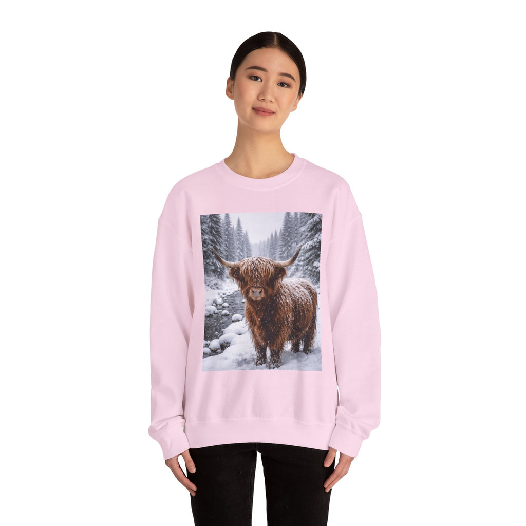 Highland Cow in Snow Crewneck Sweatshirt - Cozy Winter Forest Highlander Graphic