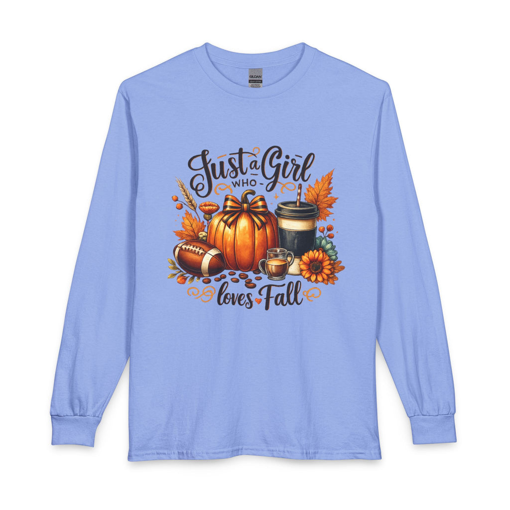 Fall Graphic Long Sleeve Tee — “Just a Girl Who Loves Fall” Pumpkin & Coffee Design