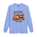 Fall Graphic Long Sleeve Tee — “Just a Girl Who Loves Fall” Pumpkin & Coffee Design