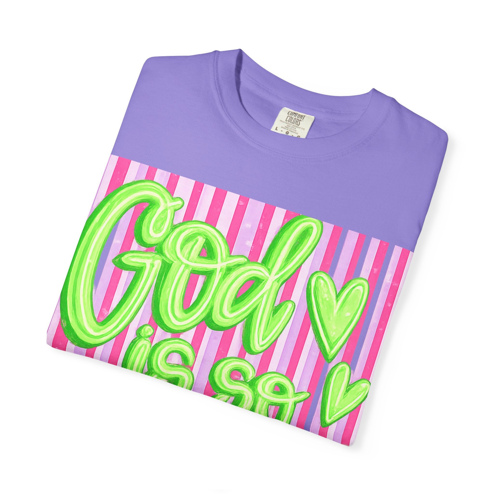God Is So Good T-Shirt — Neon Green Script on Pink Stripe Christian Tee