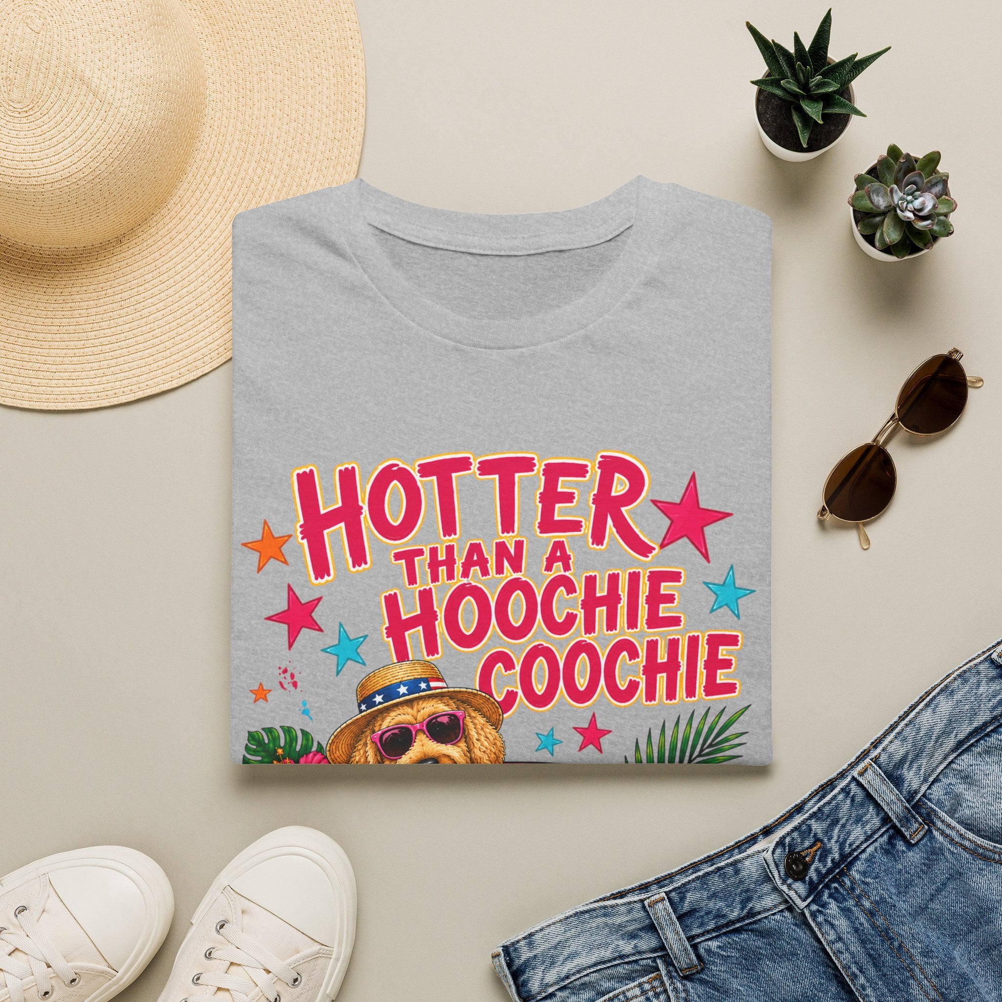 T-Shirt — "Hotter Than a Hoochie Coochie" Summer Graphic Tee (Beachy Dog Design)
