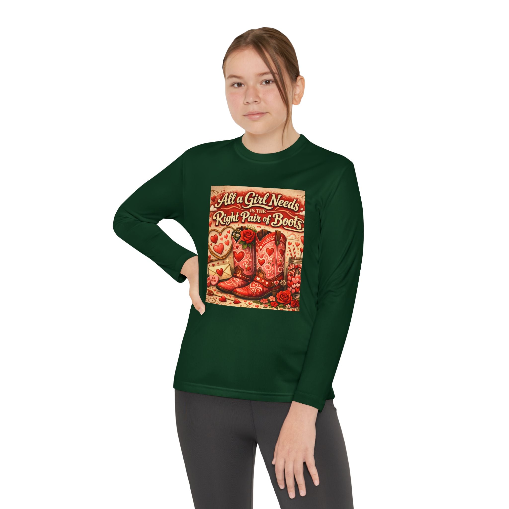Youth Long Sleeve Tee — "All a Girl Needs is the Right Pair of Boots" Western Graphic