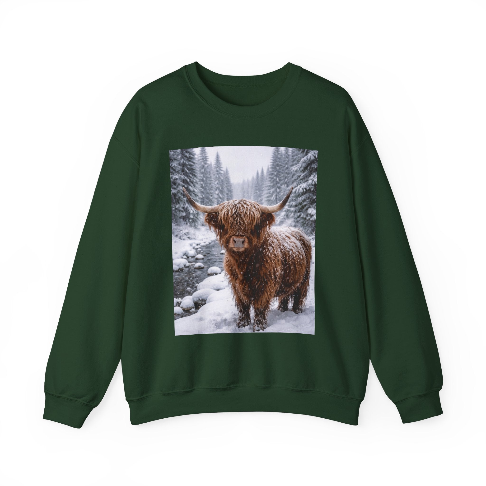 Highland Cow in Snow Crewneck Sweatshirt - Cozy Winter Forest Highlander Graphic