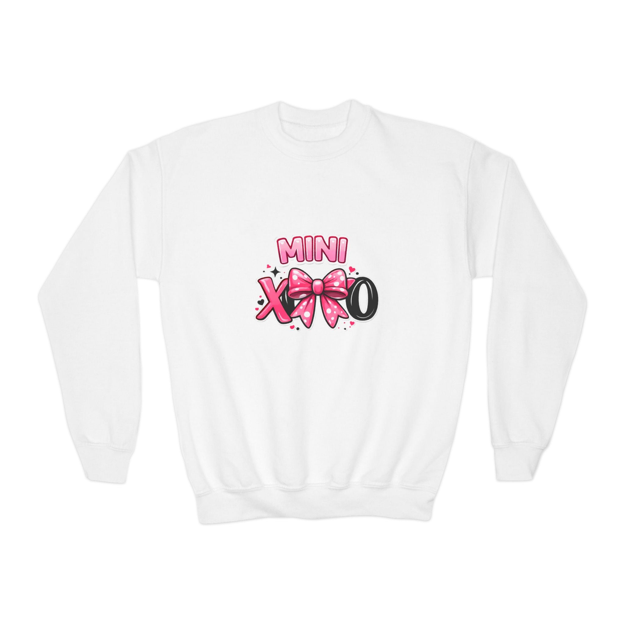 Mini XOXO Youth Crewneck Sweatshirt — Pink Bow Valentine Kids Pullover