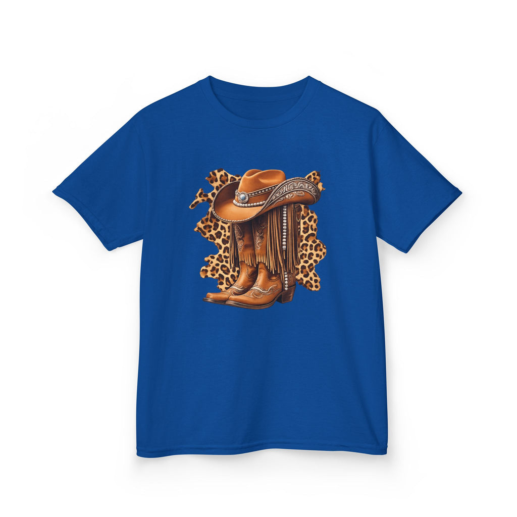 Kids Cowboy Hat & Boots Tee — Leopard Print Western Kids T-Shirt