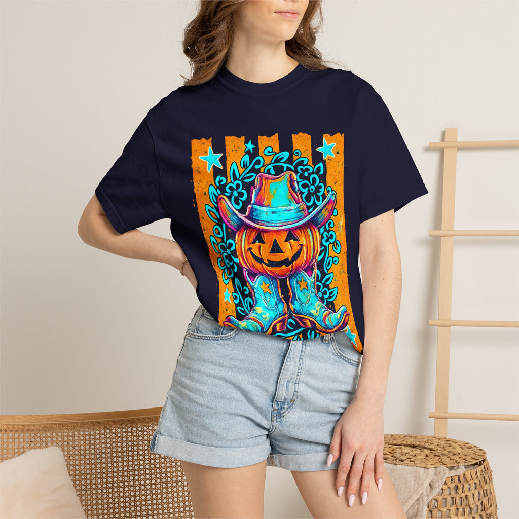 Halloween Pumpkin Cowboy T-Shirt — Neon Country Jack-O'-Lantern Graphic Tee