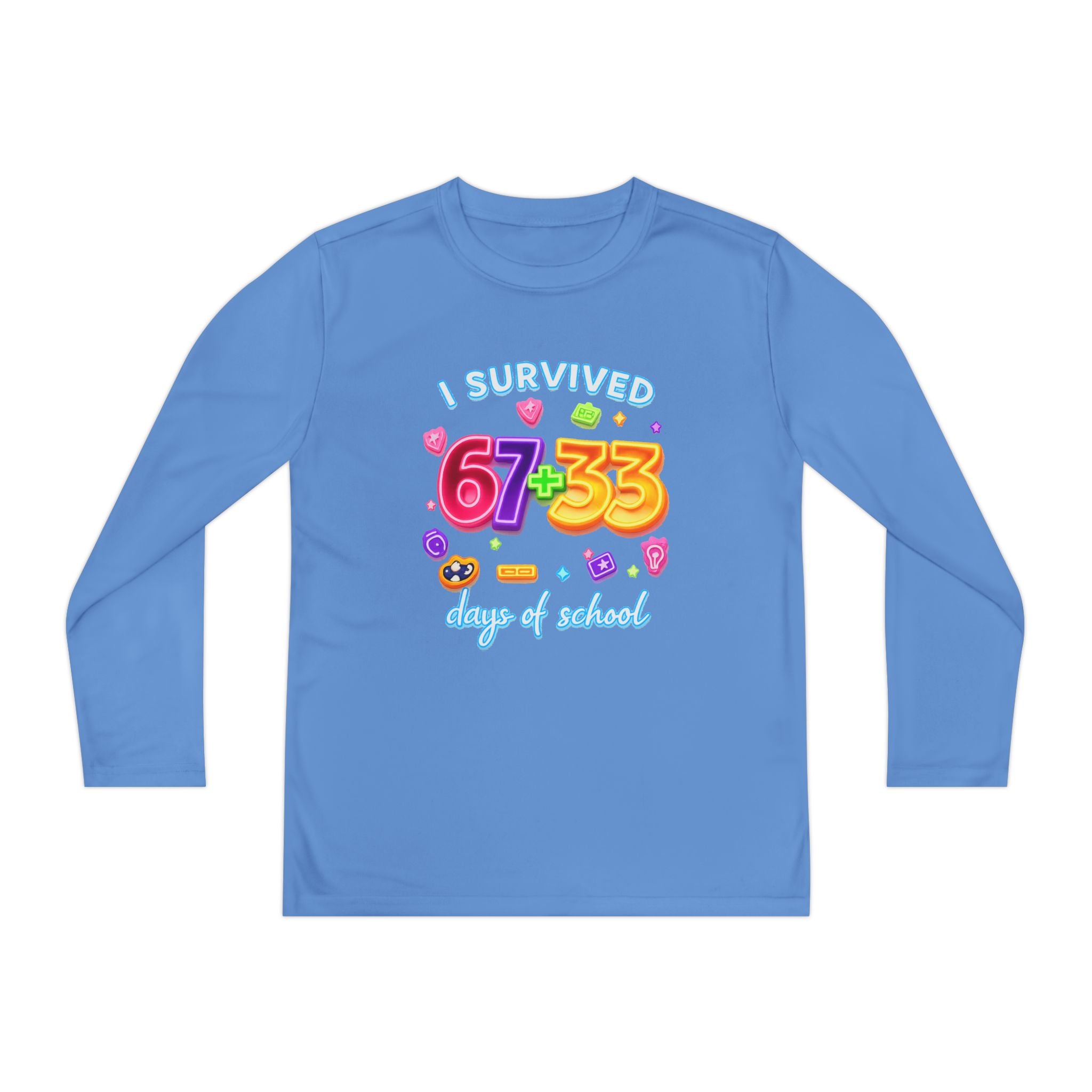 Youth Long Sleeve Tee — "I Survived 67+33 Days of School" Colorful Celebration Shirt
