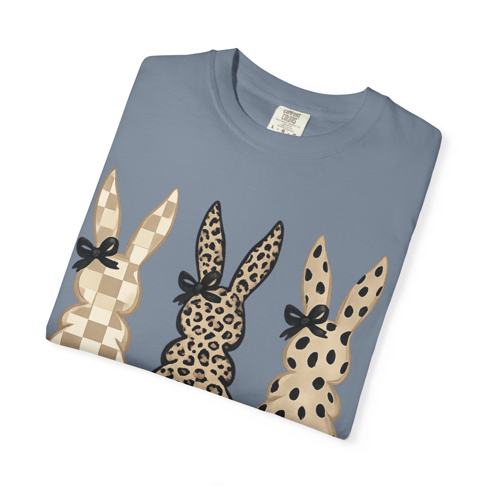 Easter Bunny Trio T-Shirt — Neutral Plaid, Leopard & Polka Dot Bunnies