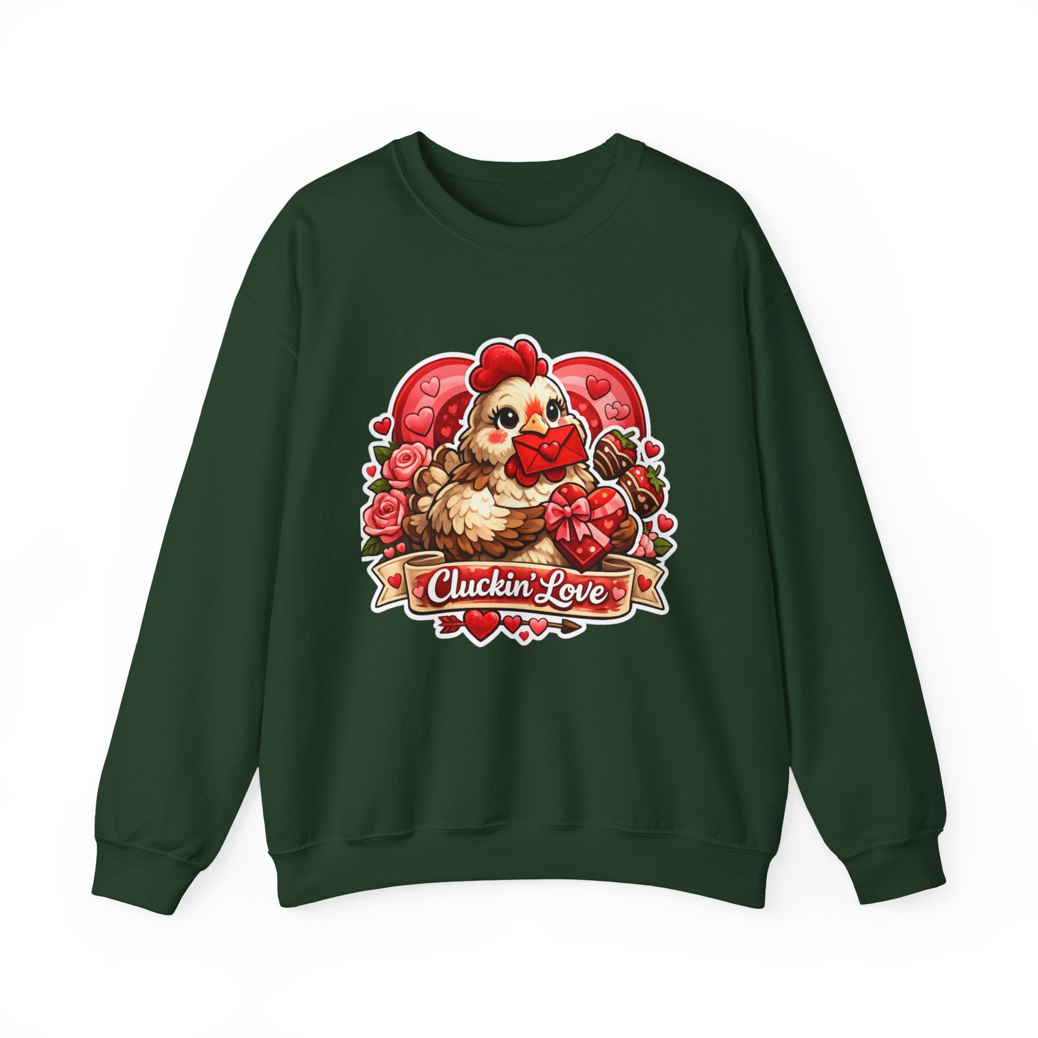 Crewneck Sweatshirt — "Cluckin' Love" Cute Chicken Valentine Design