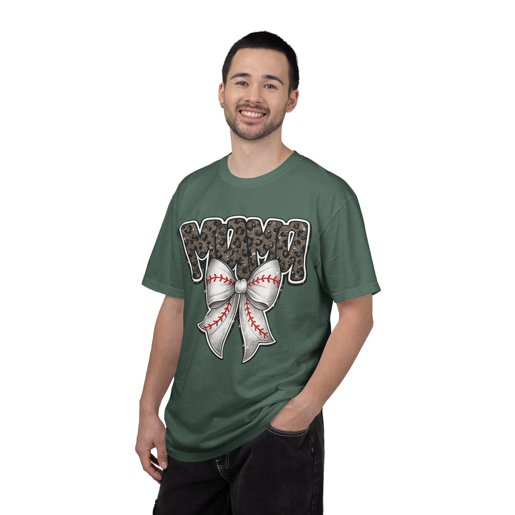 Baseball Mom T-Shirt — Camo Lettering with Baseball Bow