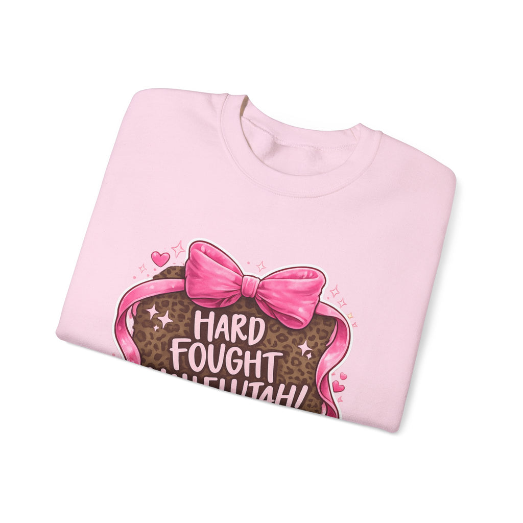 Crewneck Sweatshirt — "Hard Fought Hallelujah" Heart Graphic (Pink Bow, Leopard Print)