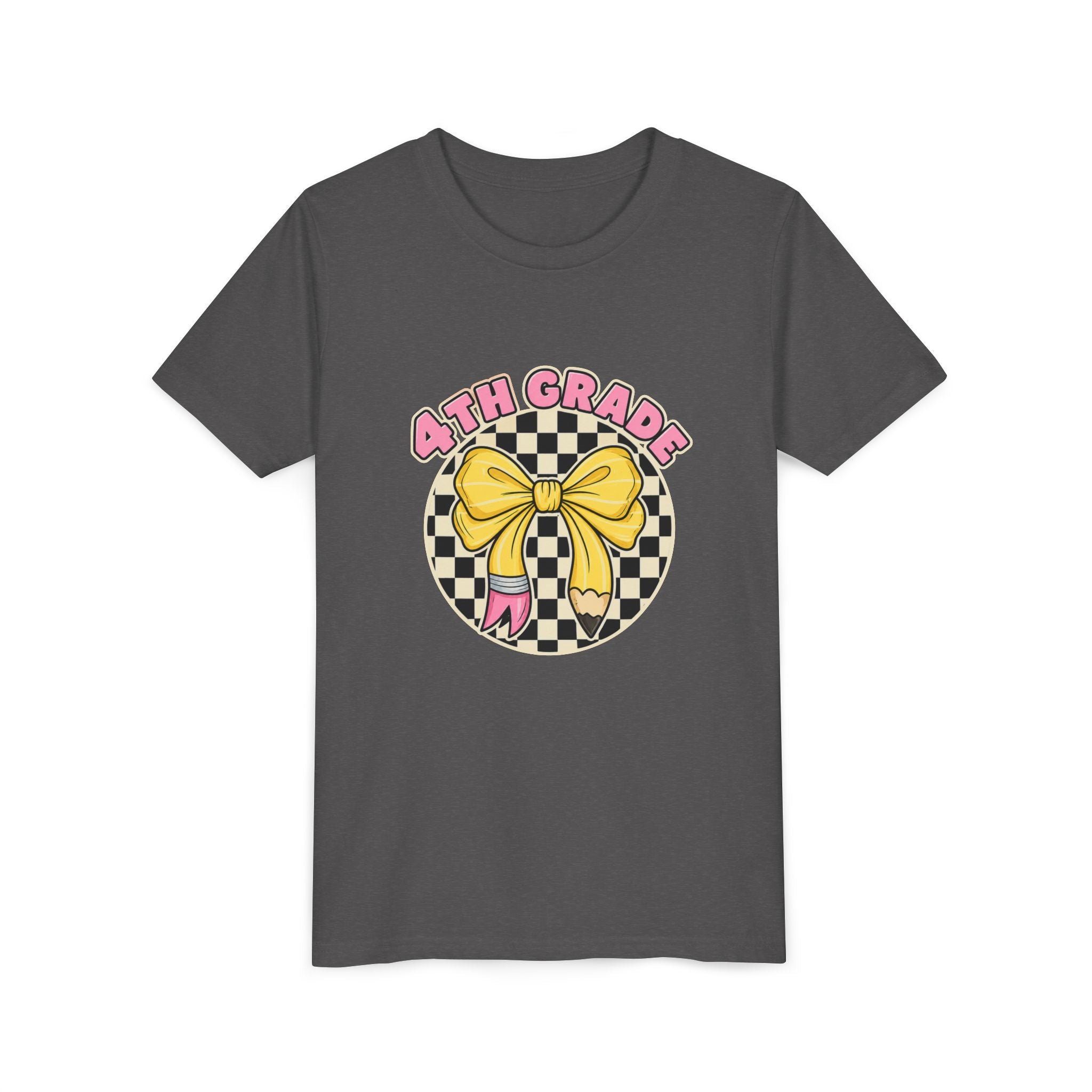 4th Grade Youth Tee — Cute Checkerboard Bow Back-to-School Shirt