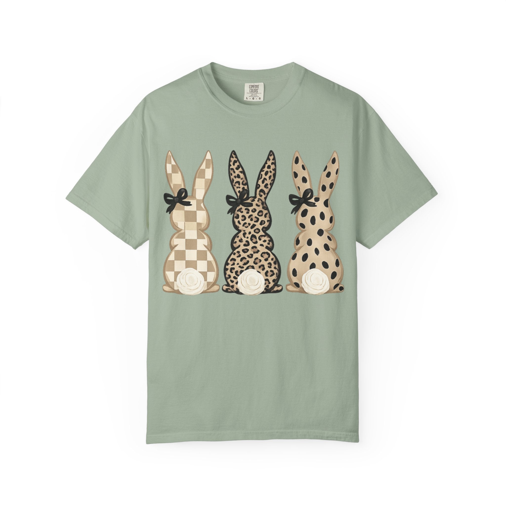 Easter Bunny Trio T-Shirt — Neutral Plaid, Leopard & Polka Dot Bunnies
