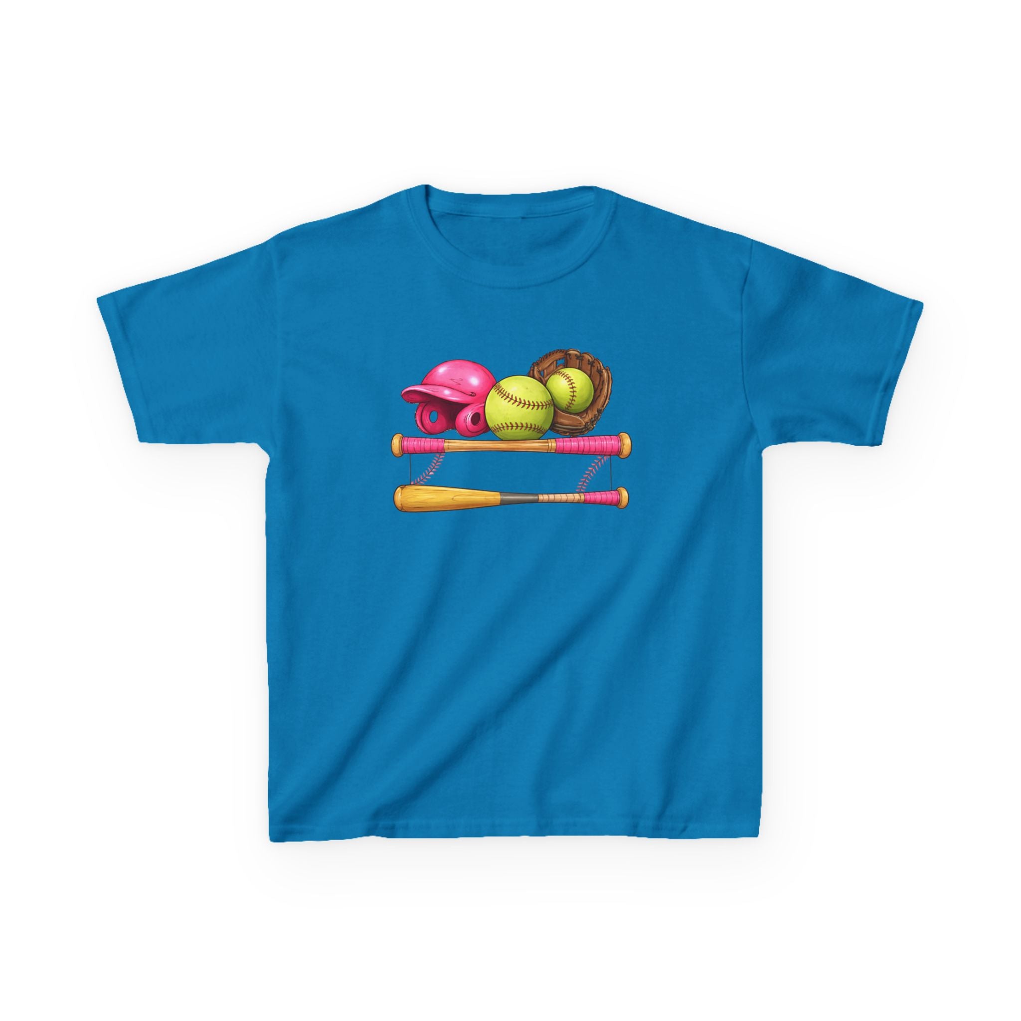 Kids Softball Gear T-Shirt — Pink Helmet, Bat & Glove Baseball Design