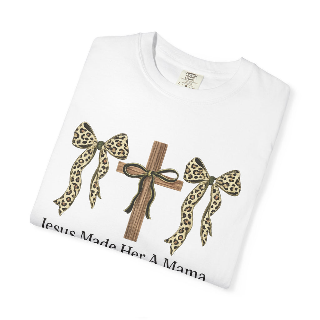 Jesus Made Her a Mama Cross T‑Shirt — Leopard Bow Christian Mother's Day Tee