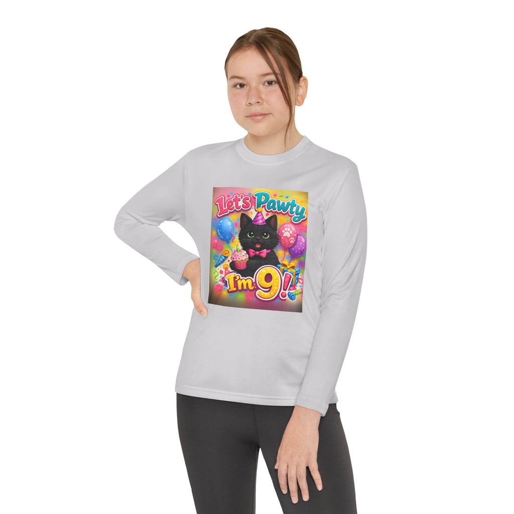 Kids' 9th Birthday Long Sleeve Tee — "Let's Pawty I'm 9!" Cat Birthday Shirt