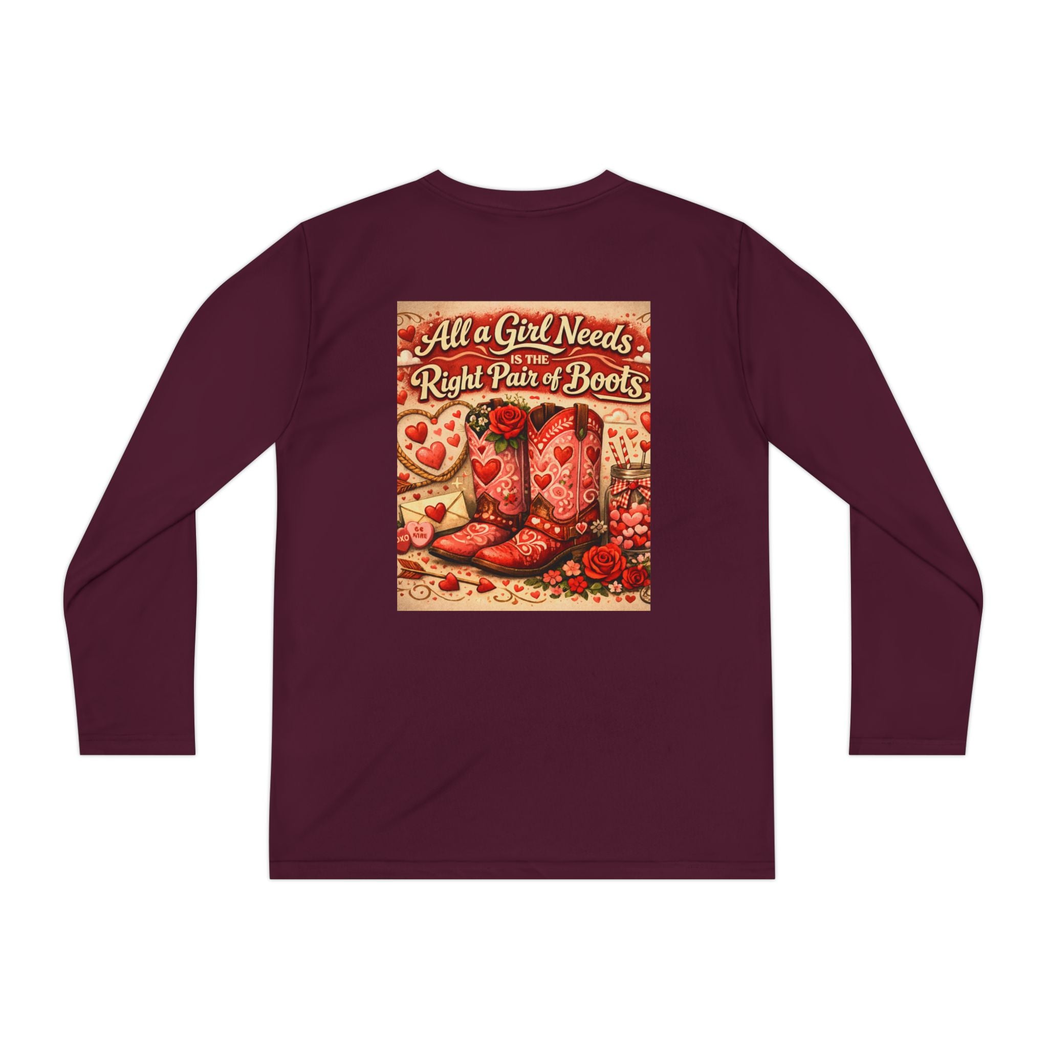 Youth Long Sleeve Tee — “All a Girl Needs is a Right Pair of Boots” Cowboy Boots Graphic