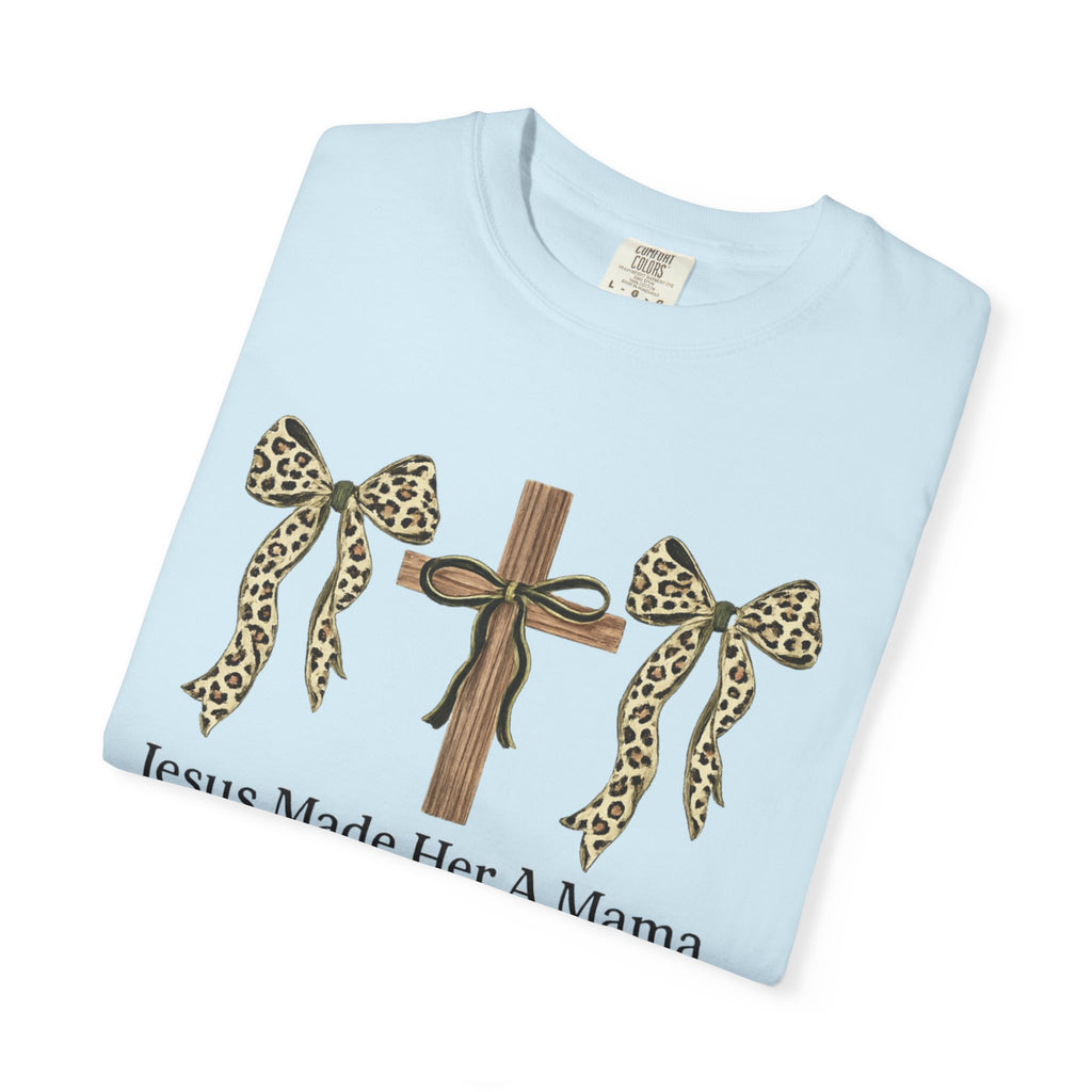 Jesus Made Her a Mama Cross T‑Shirt — Leopard Bow Christian Mother's Day Tee