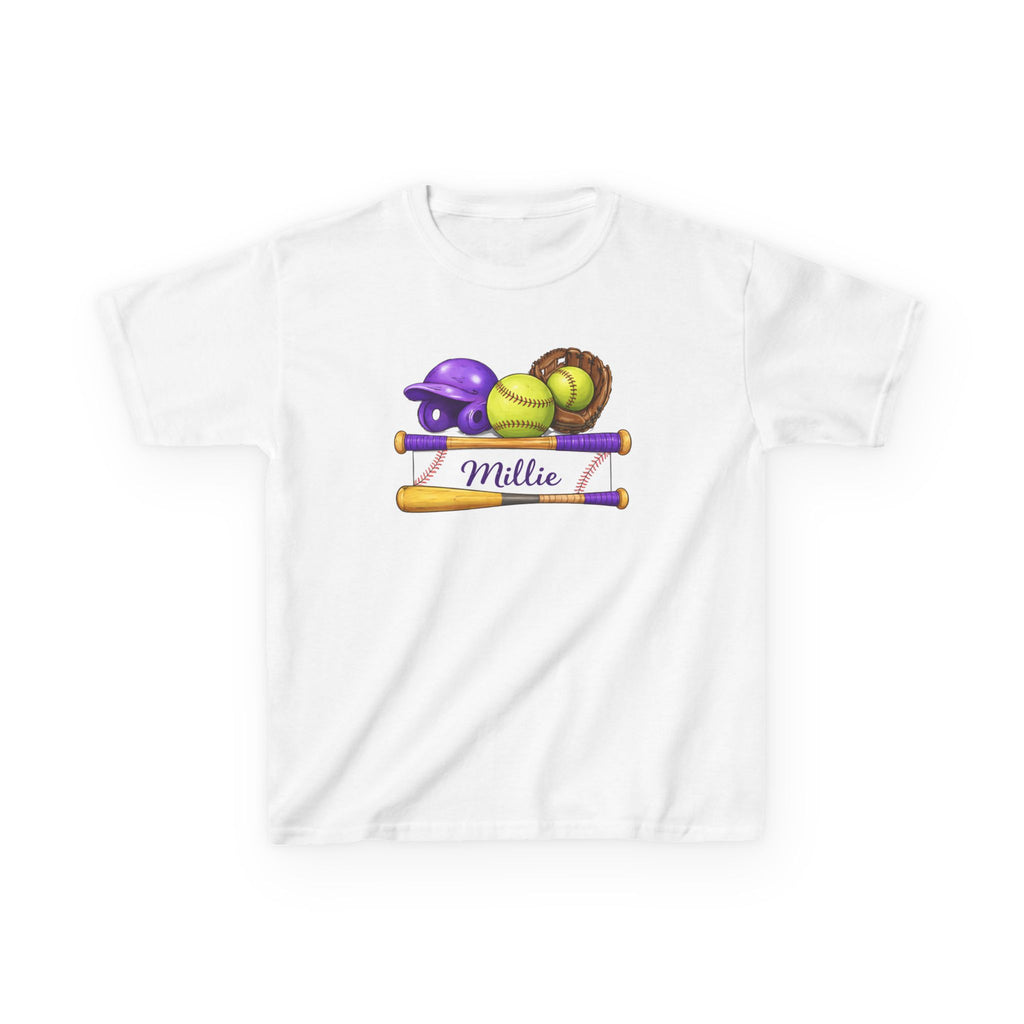 Kids Softball Name Tee – Personalized "Millie" Helmet, Ball & Bats