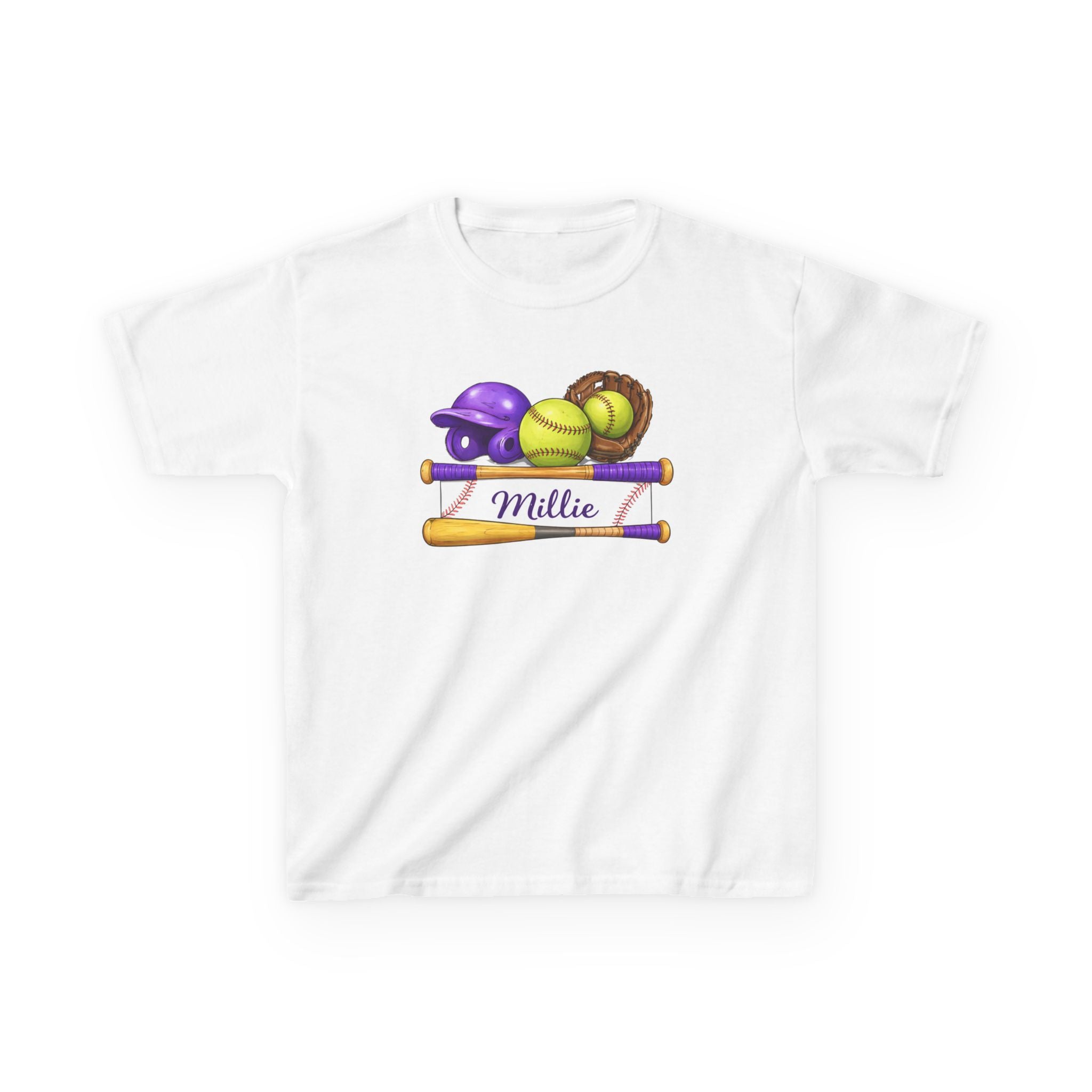 Kids Softball Name Tee – Personalized "Millie" Helmet, Ball & Bats