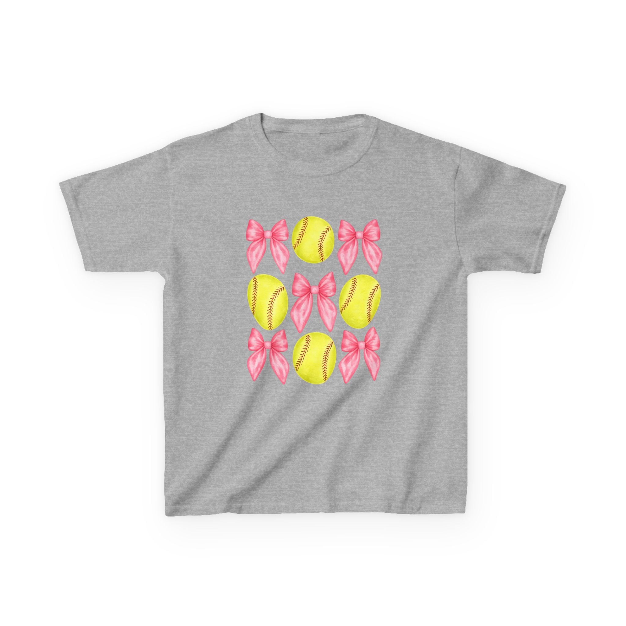 Girls Softball & Bows Kids Tee — Pink Bow Softball Pattern Shirt