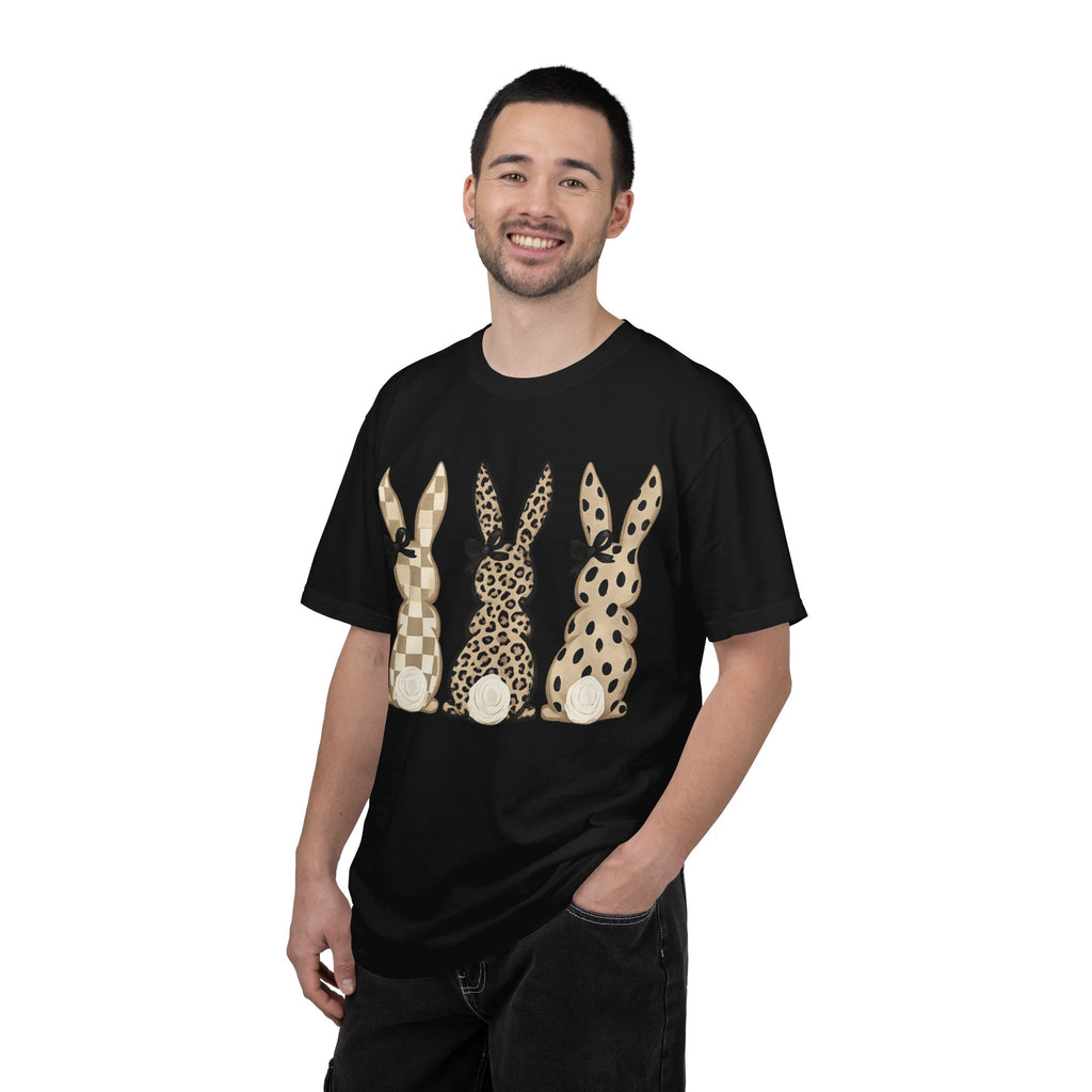 Easter Bunny Trio T-Shirt — Neutral Plaid, Leopard & Polka Dot Bunnies