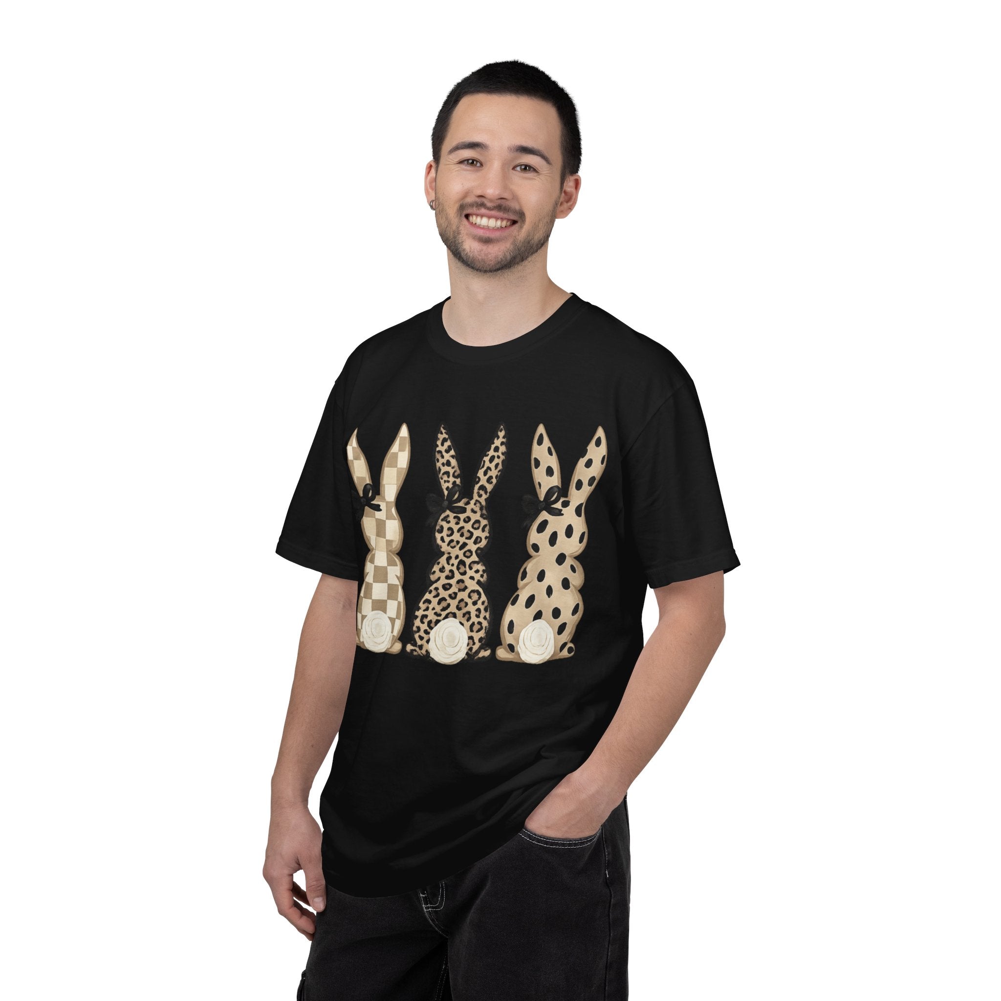 Easter Bunny Trio T-Shirt — Neutral Plaid, Leopard & Polka Dot Bunnies