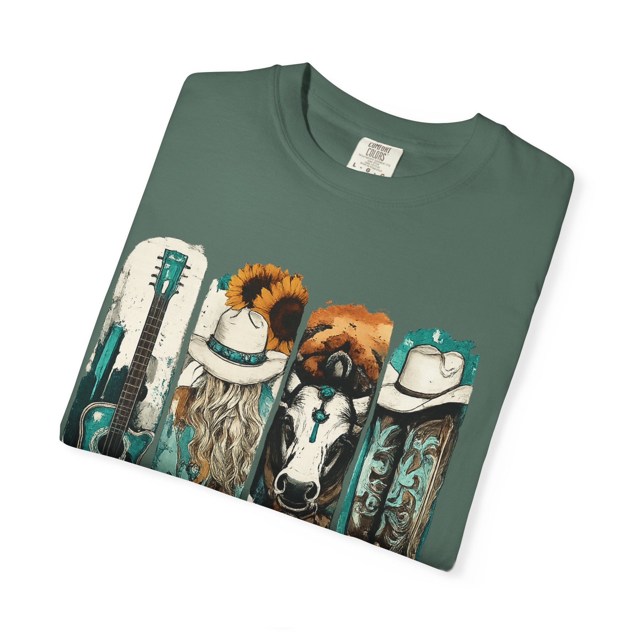 Western Music Icons T-Shirt — Rustic Guitar, Boots & Hat Graphic Tee