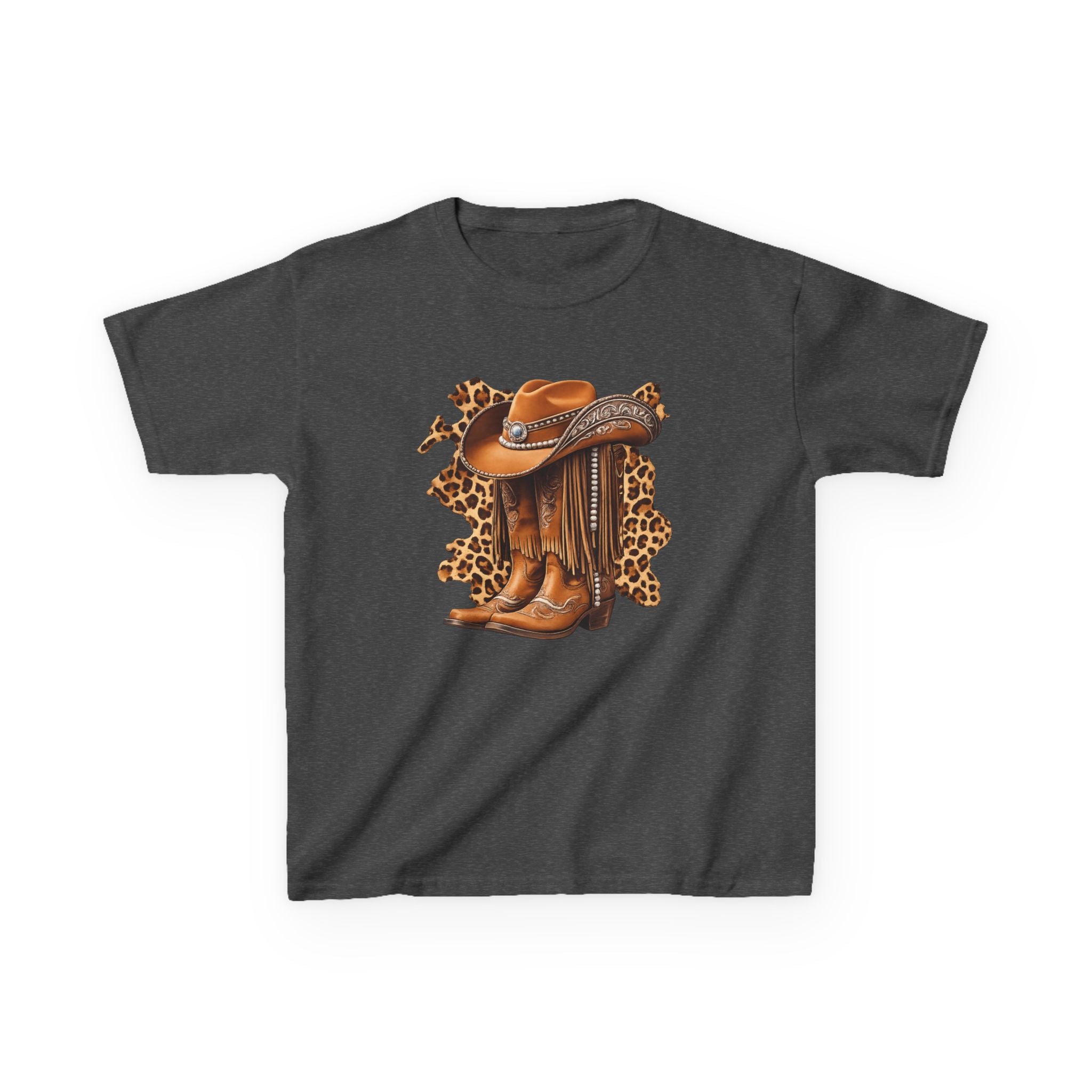 Kids Cowboy Hat & Boots Tee — Leopard Print Western Kids T-Shirt