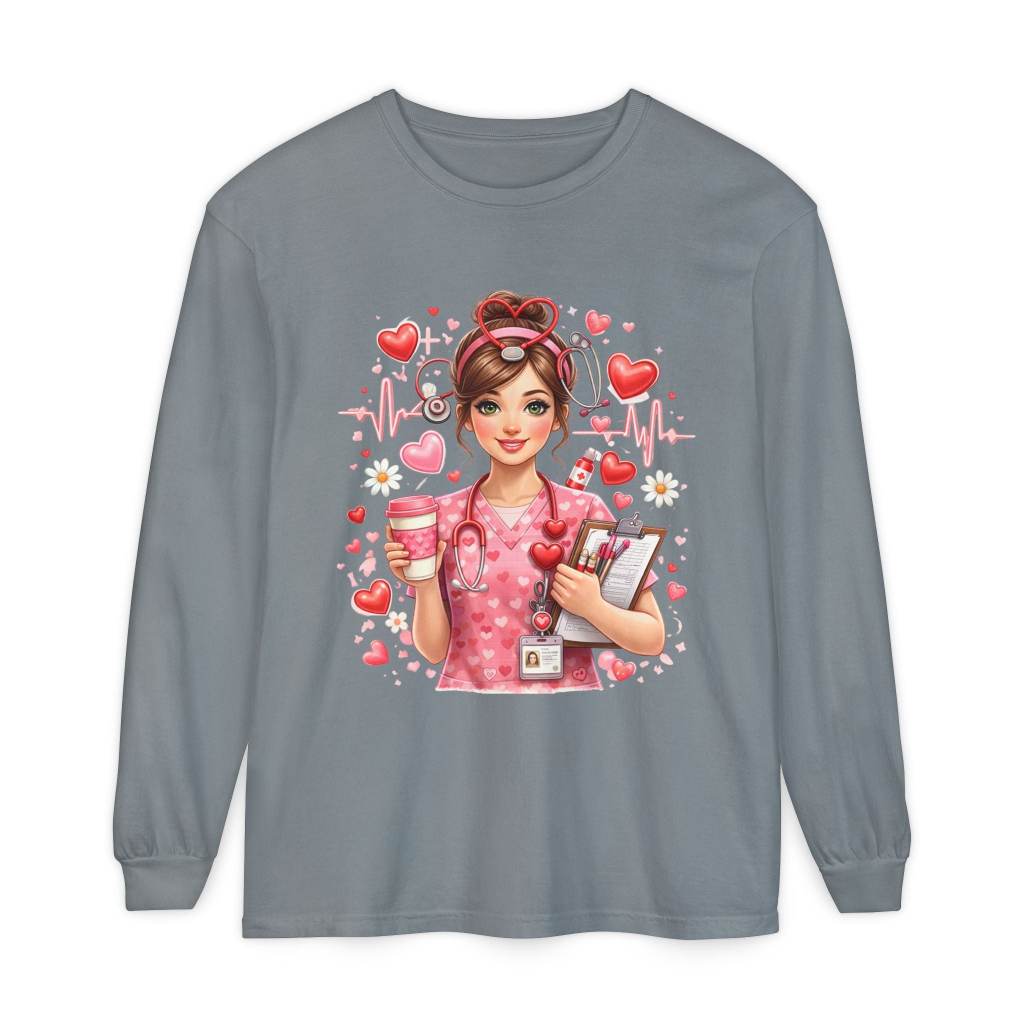 Nurse Love Long Sleeve T-Shirt — Cute Heartbeat Healthcare Graphic