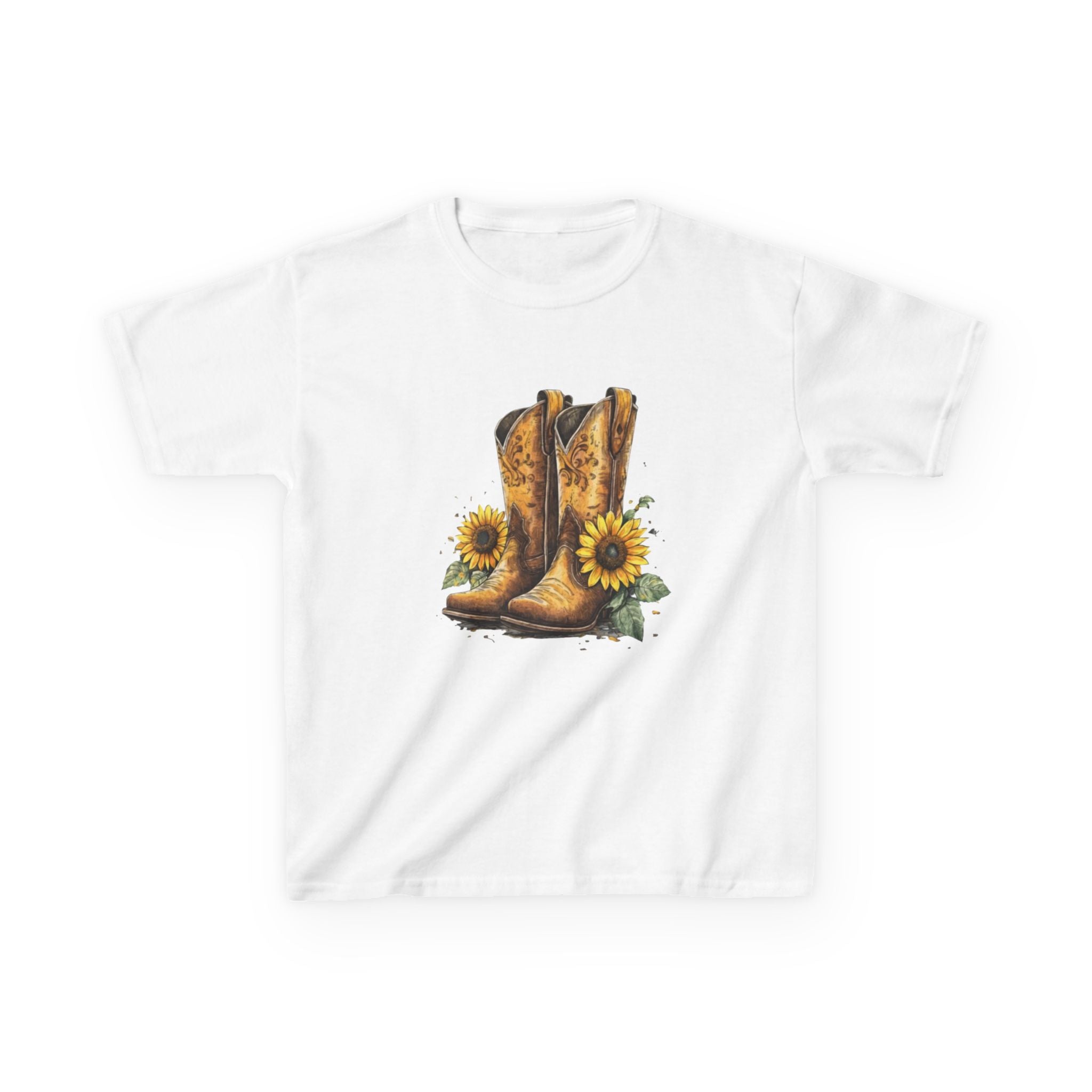 Kids Cowboy Boots & Sunflowers T-Shirt — Western Farmyard Tee for Children